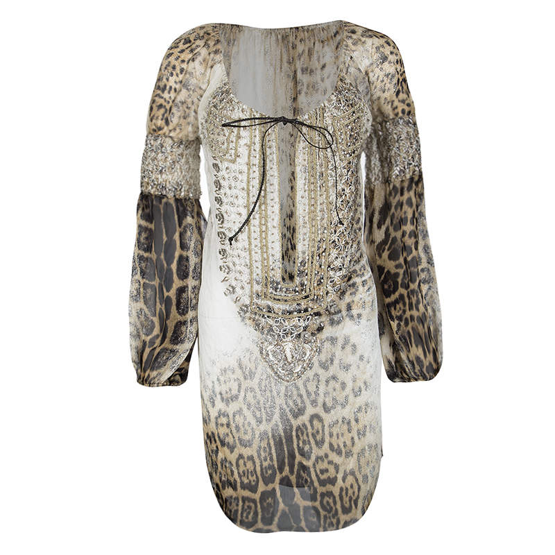 Pre Owned Roberto Cavalli Leopard Print Metallic Embroidered Silk Long Sleeve Sheer Tunic S
