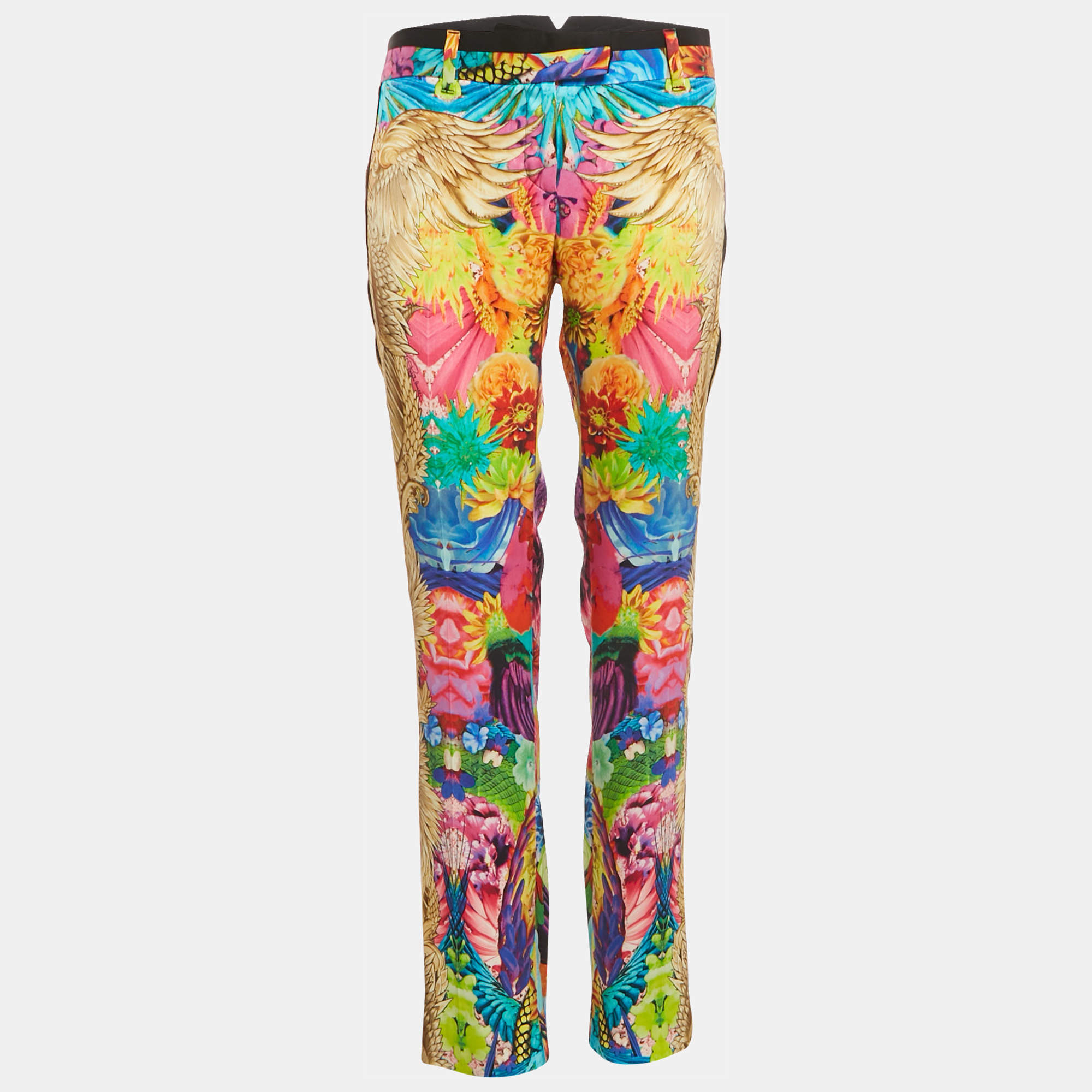 Pre Owned Roberto Cavalli Multicolor Floral Print Silk Trousers M