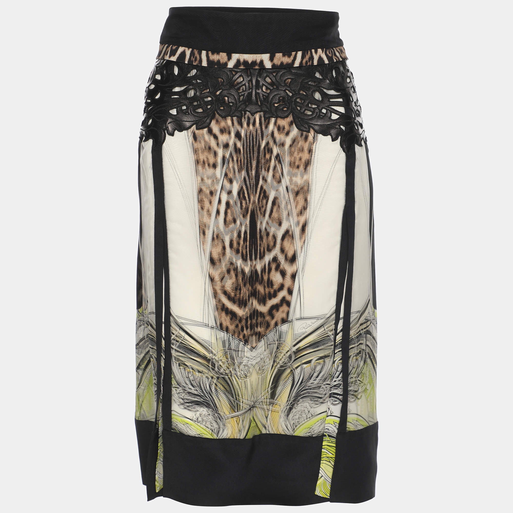 Pre Owned تنورة ميدي روبرتو كافالي حرير مطبوع متعدد الألوان مع شقوق جانبية مقاس صغير - سمول