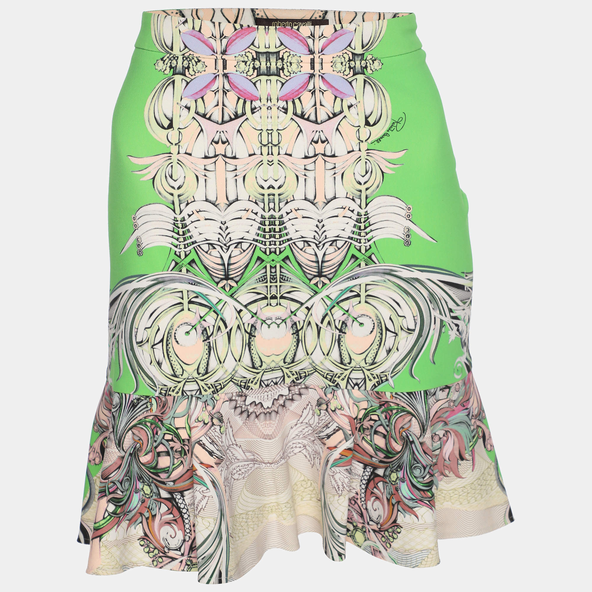 Pre Owned Roberto Cavalli Green/Multicolor Printed Jersey Mini Skirt M