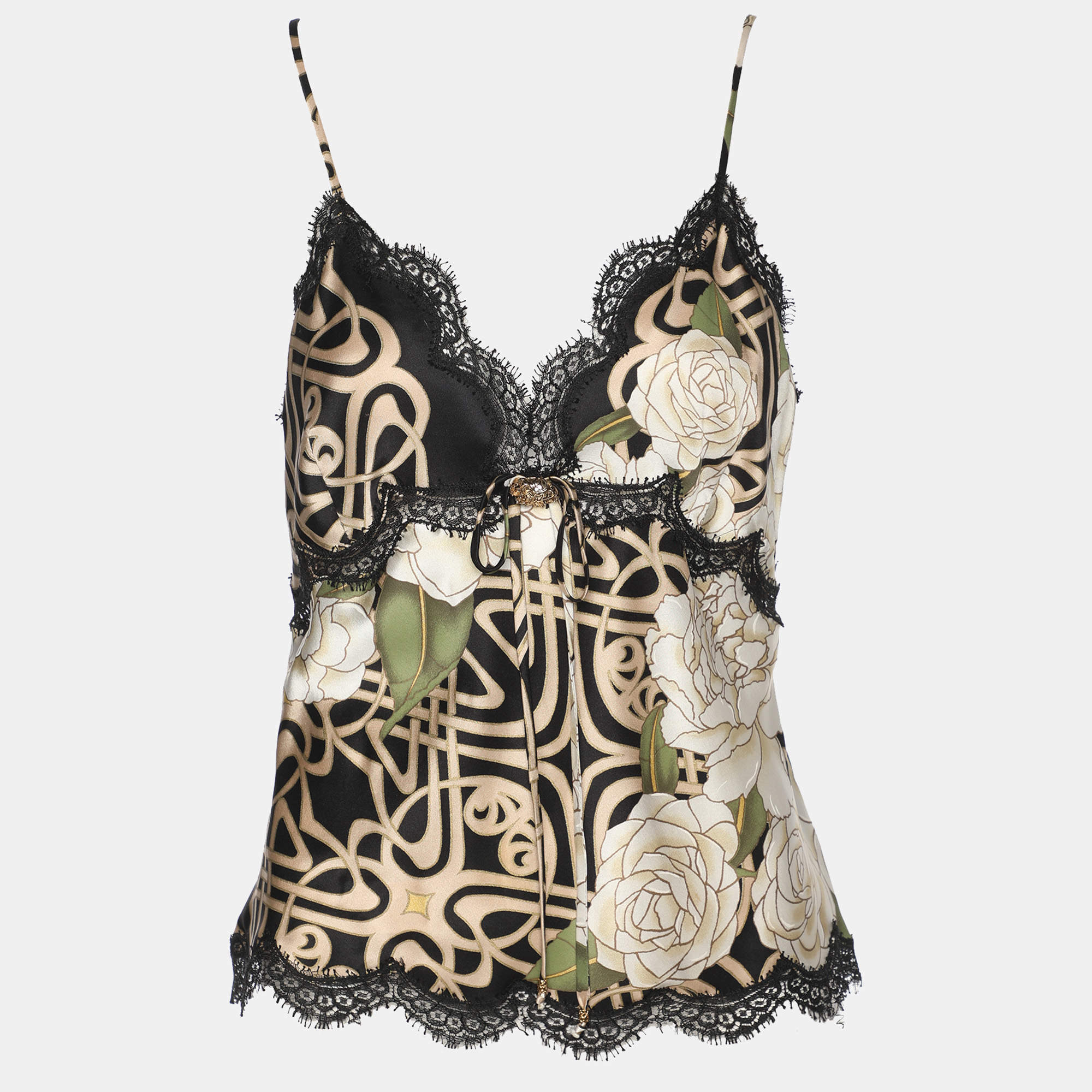 Pre Owned Roberto Cavalli Multicolor Printed Silk Lace Trim Camisole Tops M