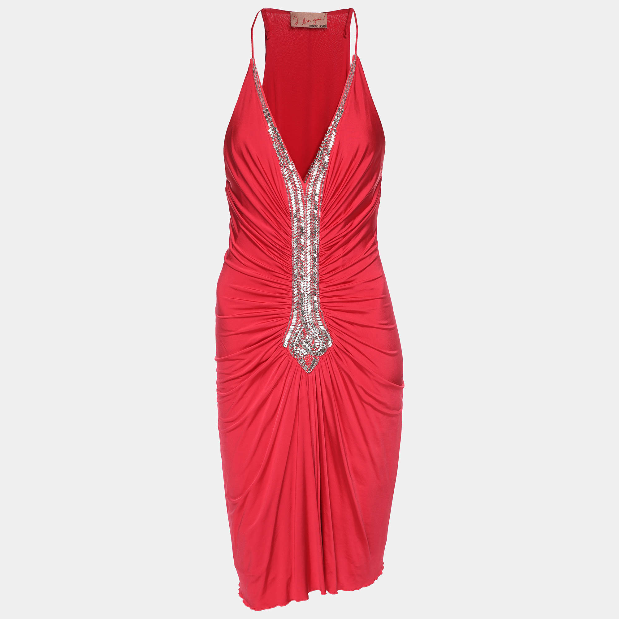 Pre Owned Roberto Cavalli Pink Jersey Crystal Ruched Embellishment Mini Dress M