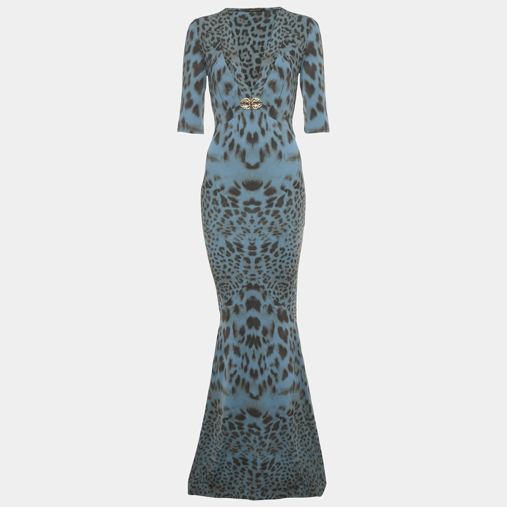 مملوكة مسبقًا Roberto Cavalli Teal Blue Animal Printed Jersey Plunge Neck Maxi Dress S 
