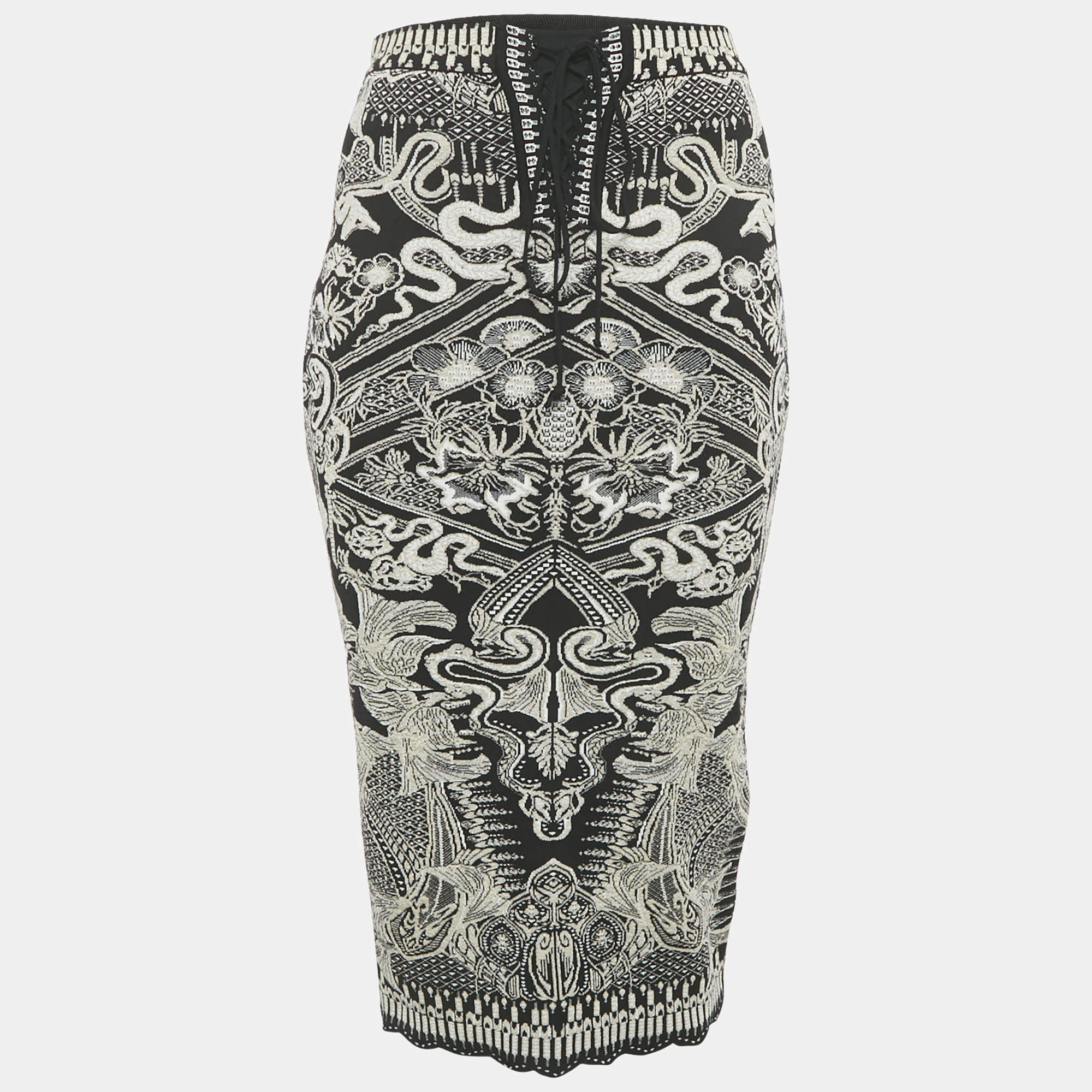 Pre Owned Roberto Cavalli Black Lurex Jacquard Lace-Up Pencil Skirt S