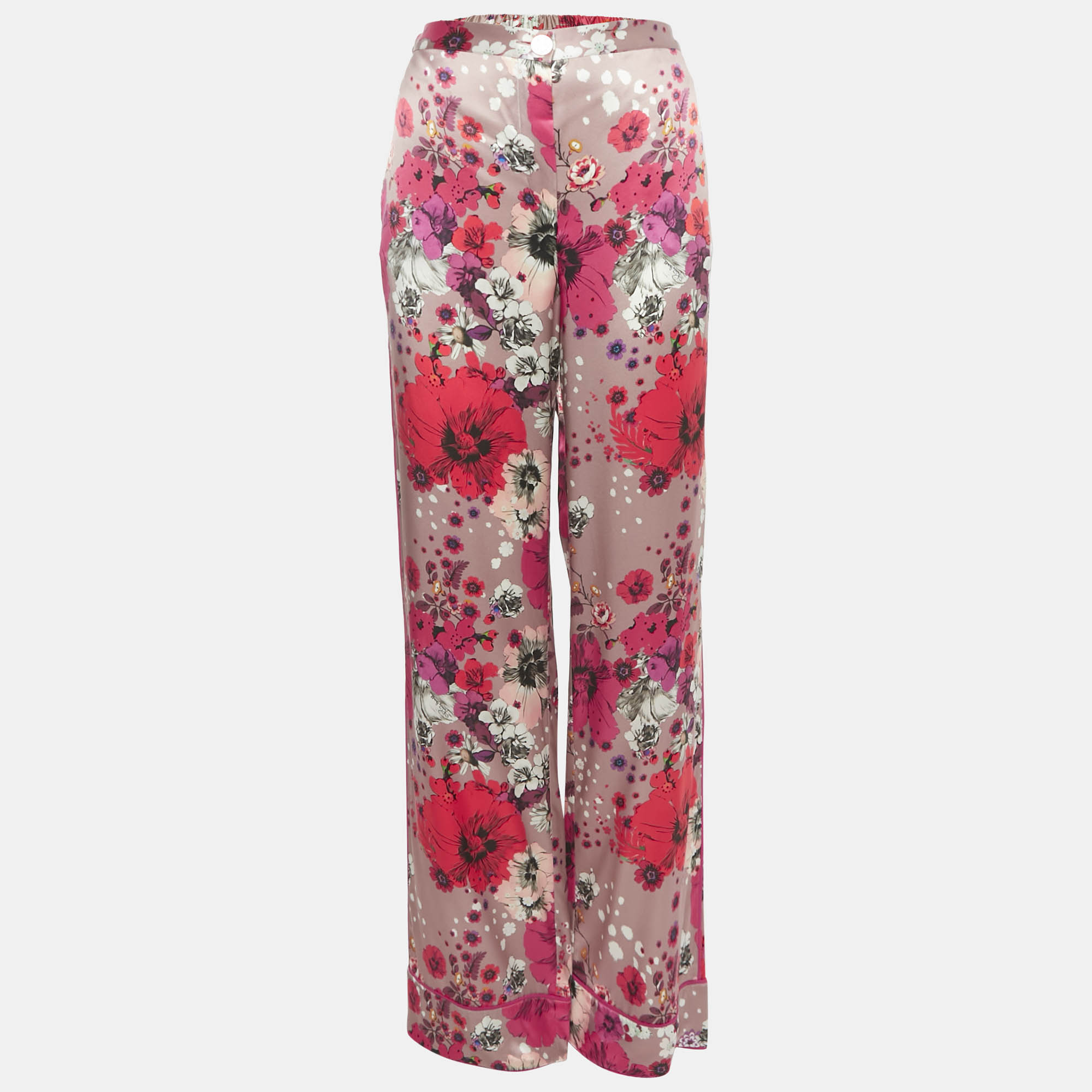 Pre Owned Roberto Cavalli Multicolor Floral Print Silk Straight Leg Pants M