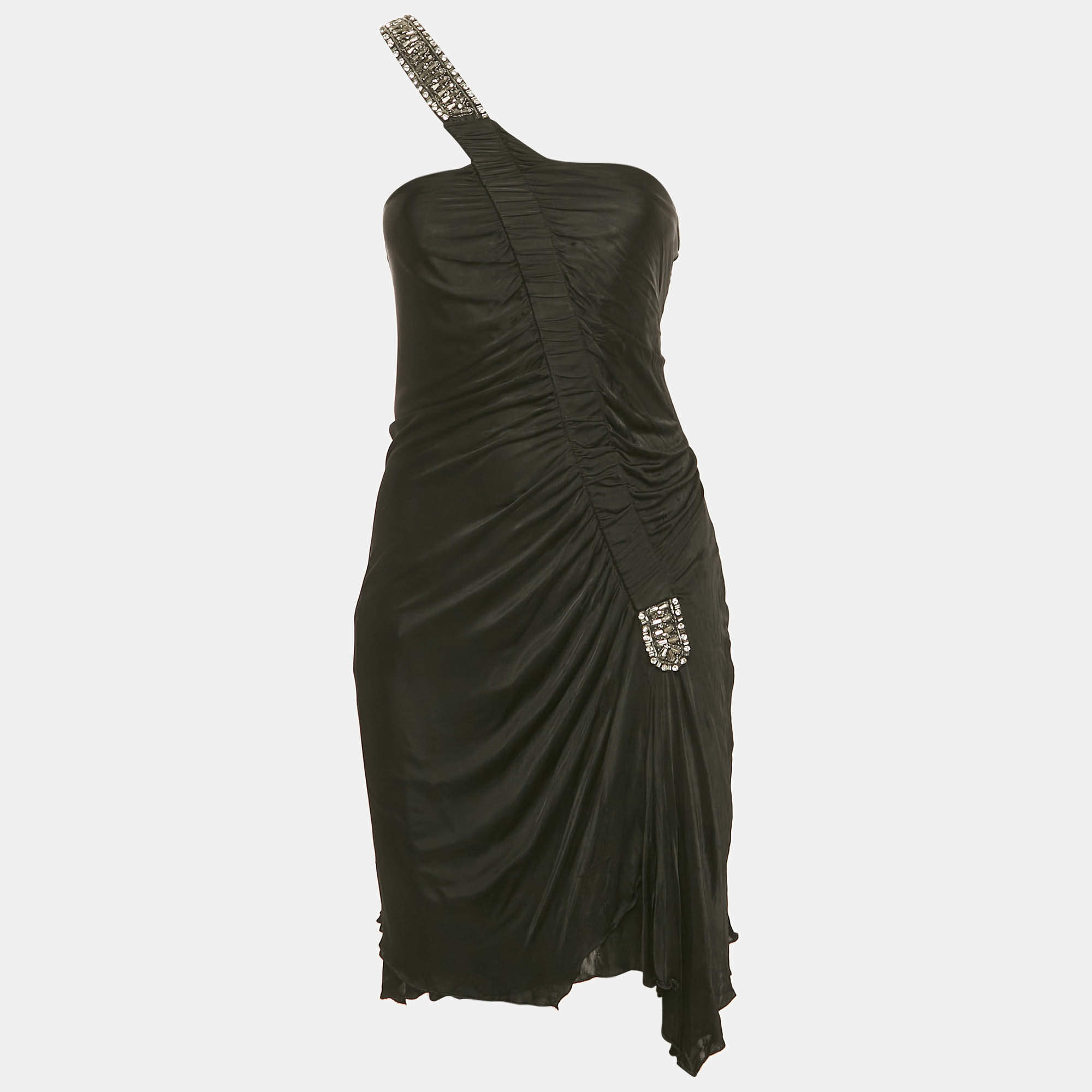 Pre Owned Roberto Cavalli Black Embellished Jersey One Shoulder Mini Dress M 