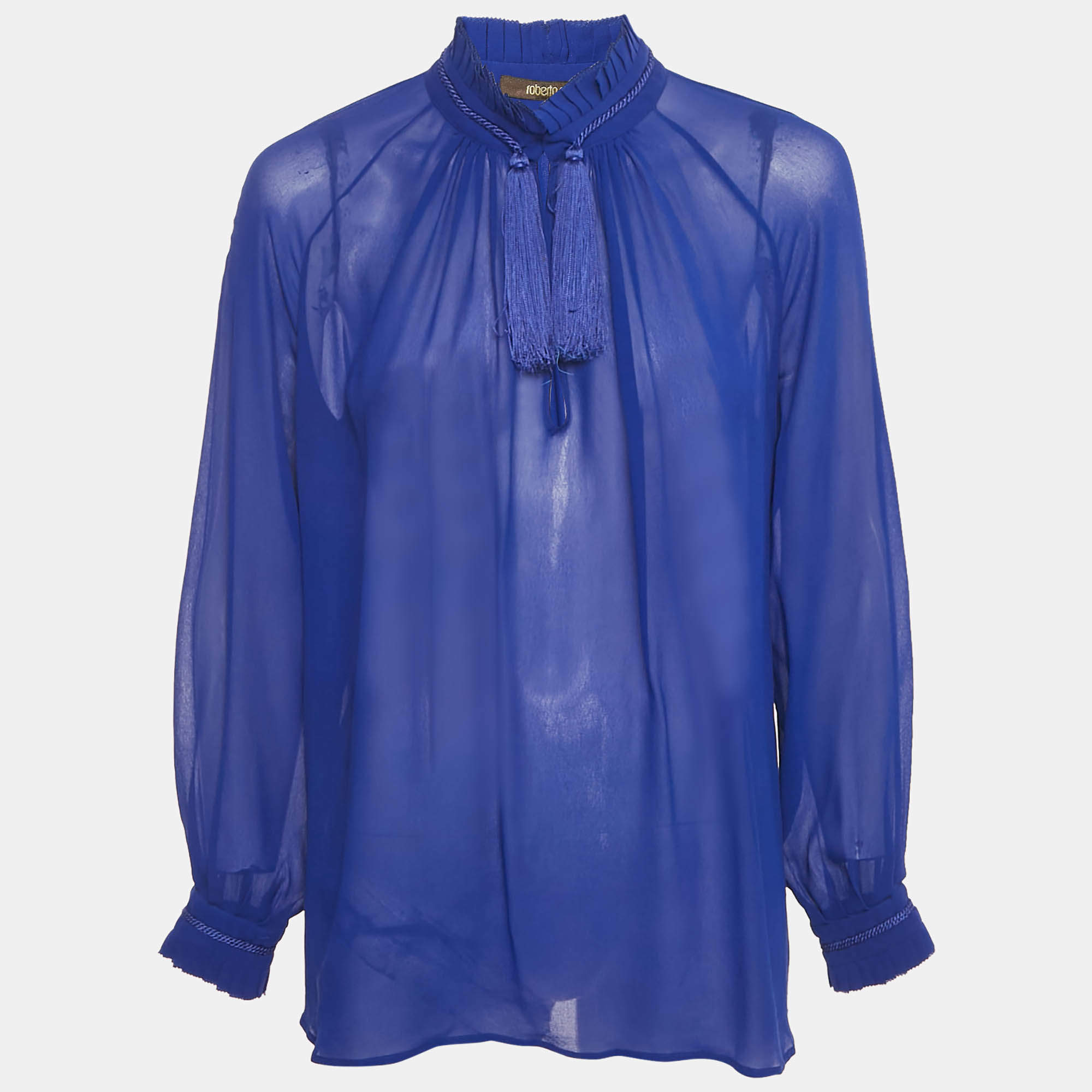 Pre Owned Roberto Cavalli Blue Silk Tassel Detailed Sheer Blouse S
