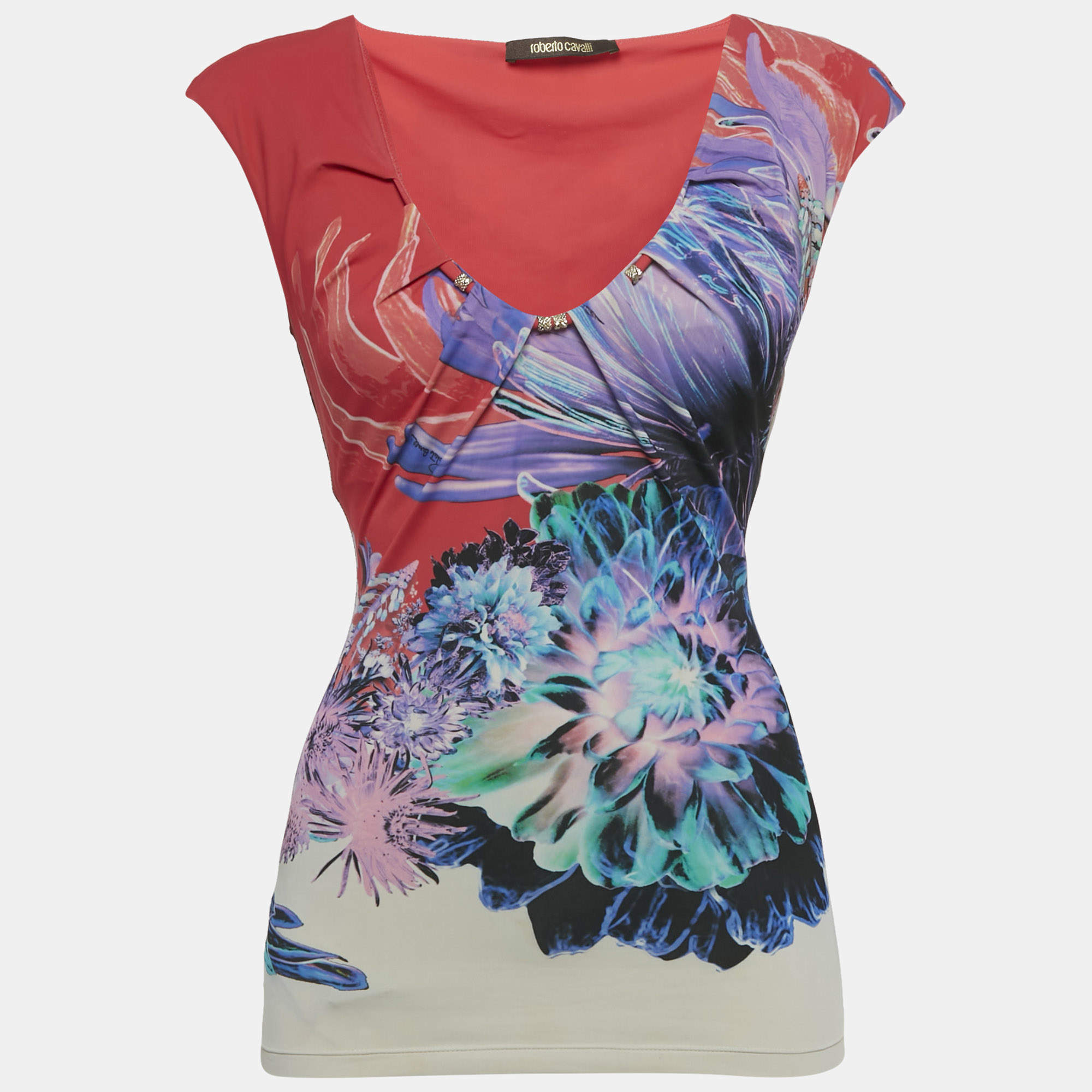 Pre Owned Roberto Cavalli Pink Printed Jersey Scoop Neck Top S