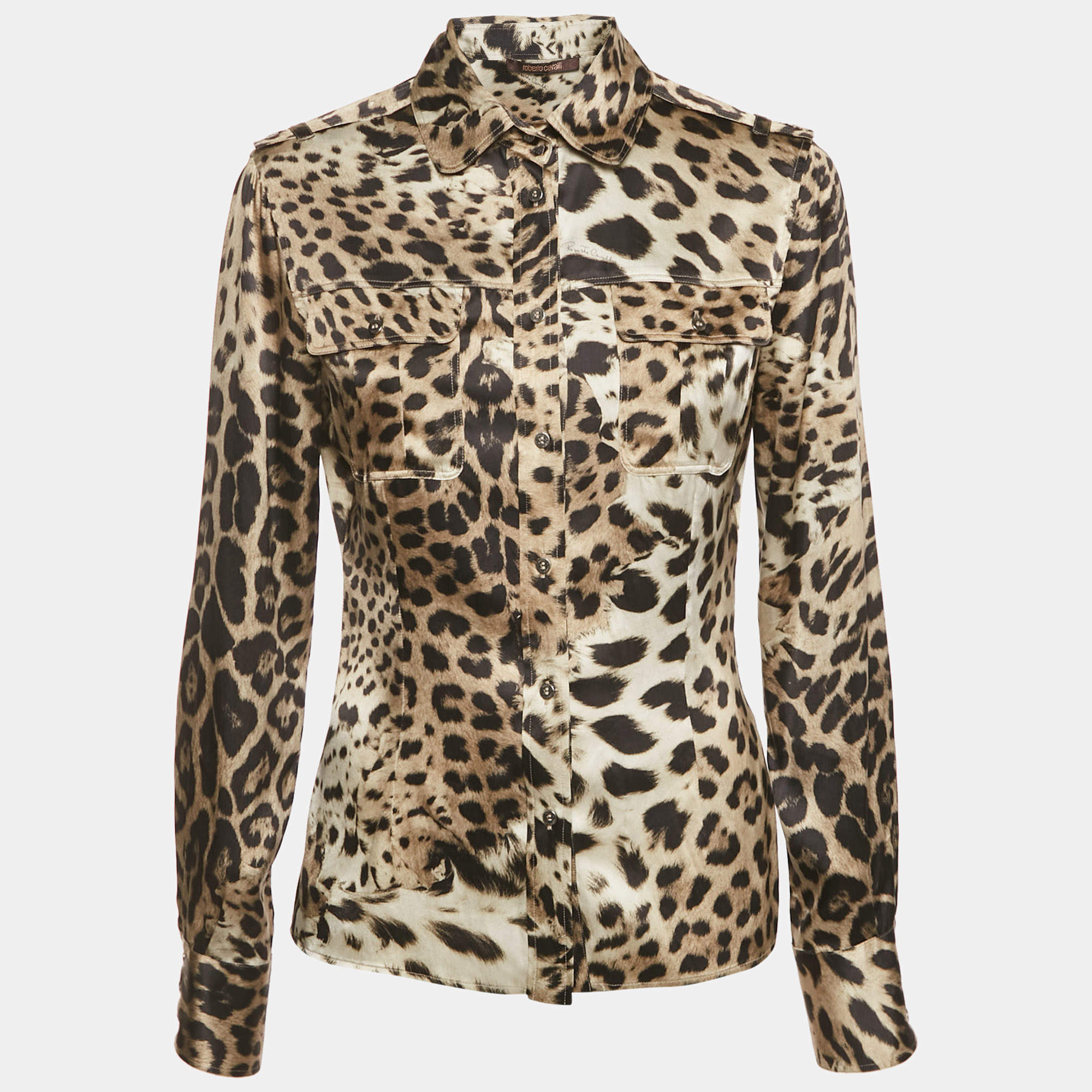 Pre Owned Roberto Cavalli Black Leopard Print Satin Silk Button Front Shirt M