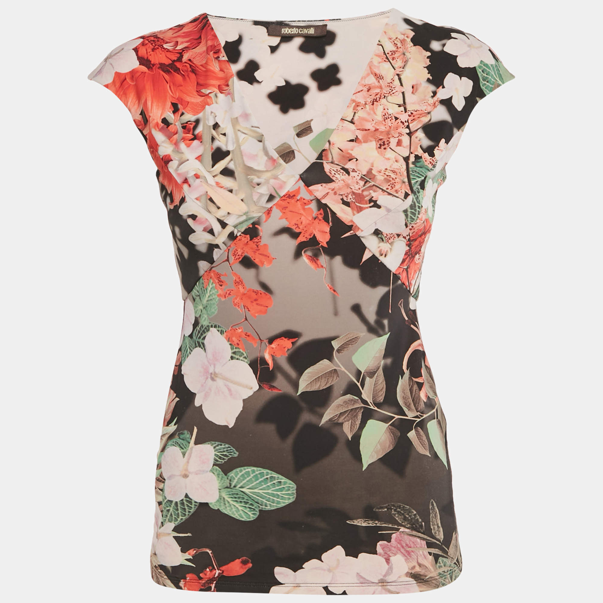 Pre Owned Roberto Cavalli Multicolor Floral Print Jersey V-Neck Top S