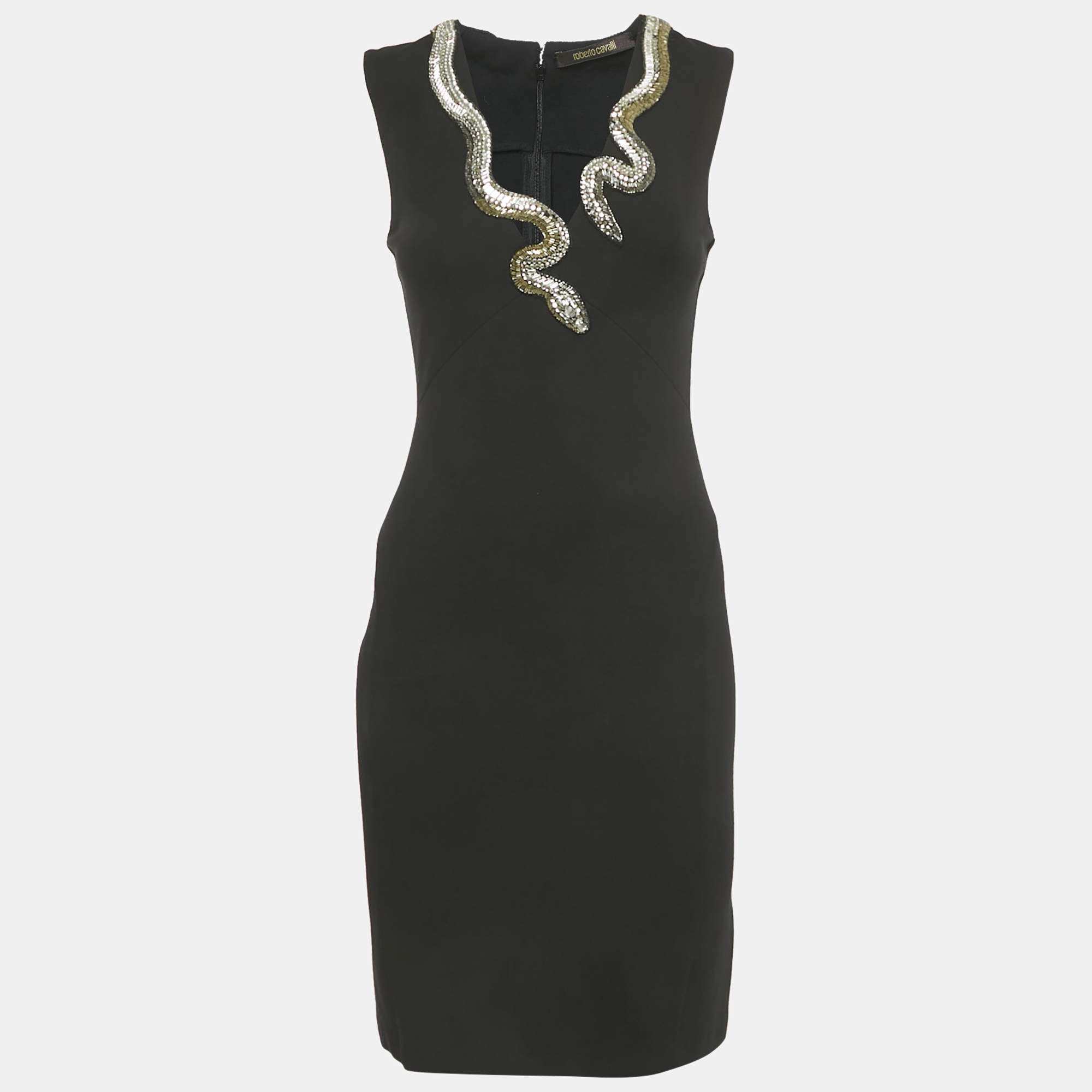 Pre Owned Roberto Cavalli Black Snake Embellished Jersey Mini Dress S