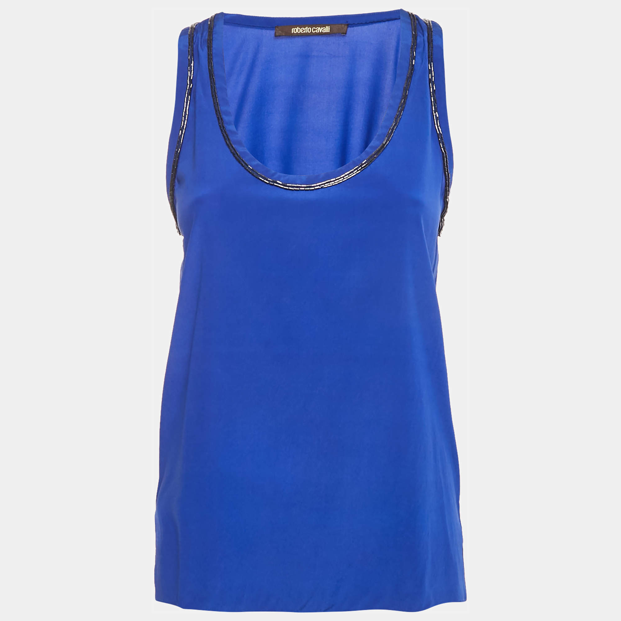 Pre Owned Roberto Cavalli Blue Embellished Silk Sleeveless Top S