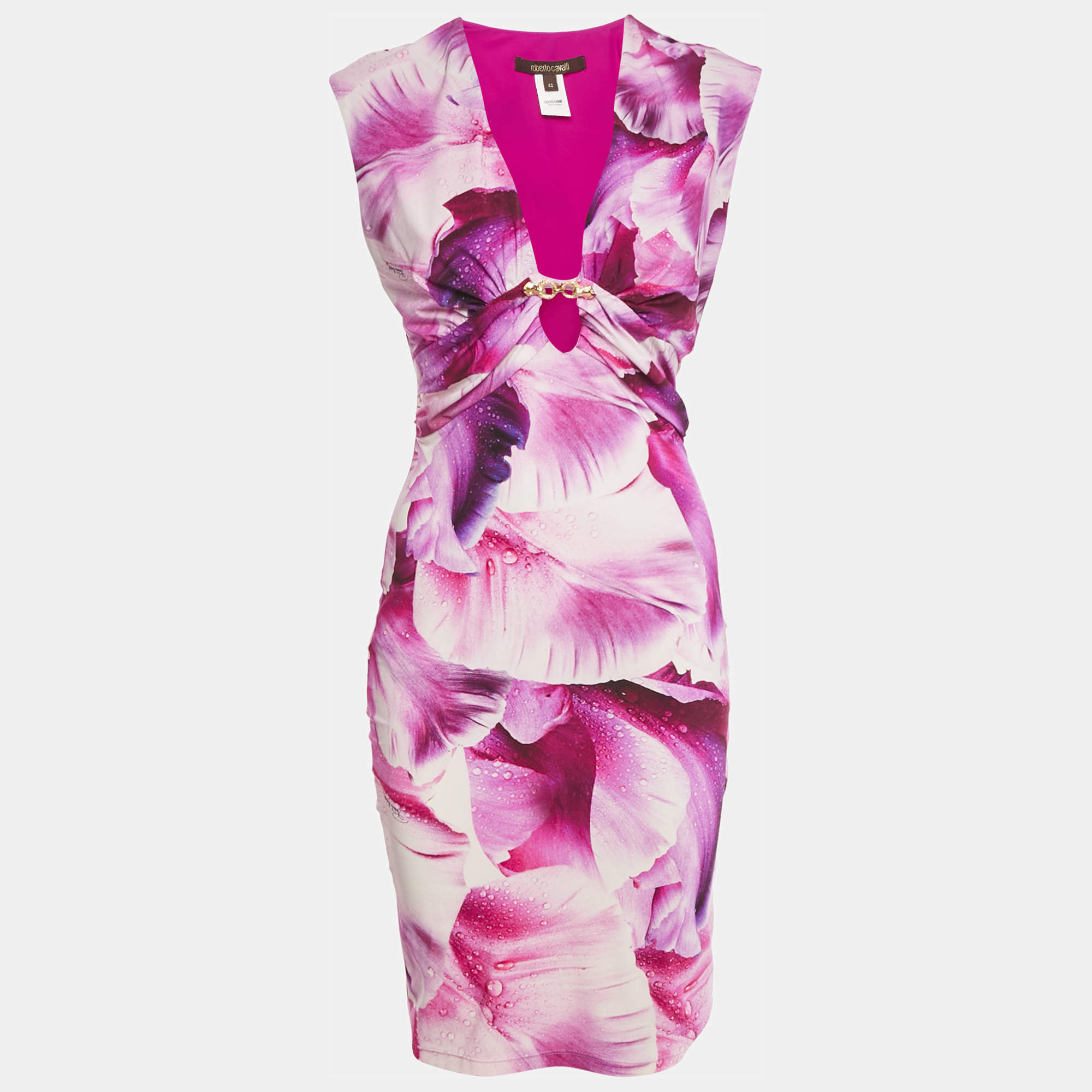 Pre Owned Roberto Cavalli Pink Floral Graphic Print Jersey Cut-Out Detail Mini Dress M