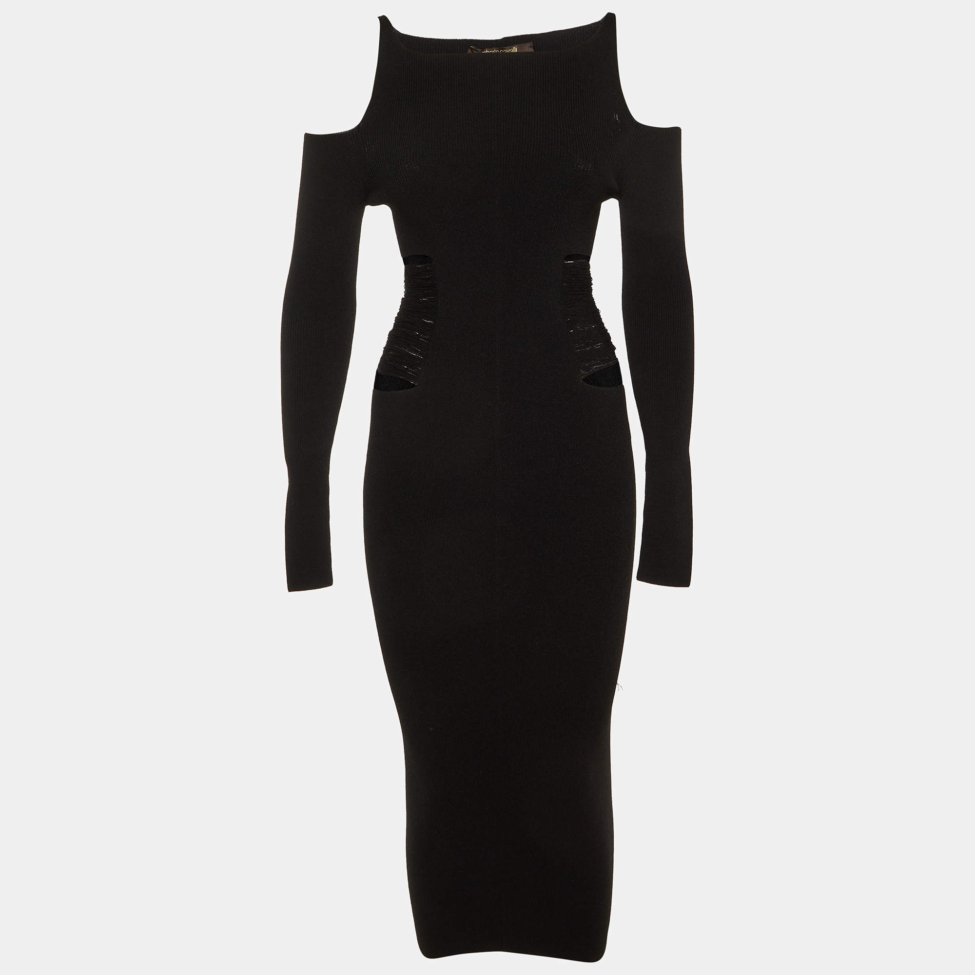 Pre Owned Roberto Cavalli Black Knit Distressed Detail Cold Shoulder Dress S