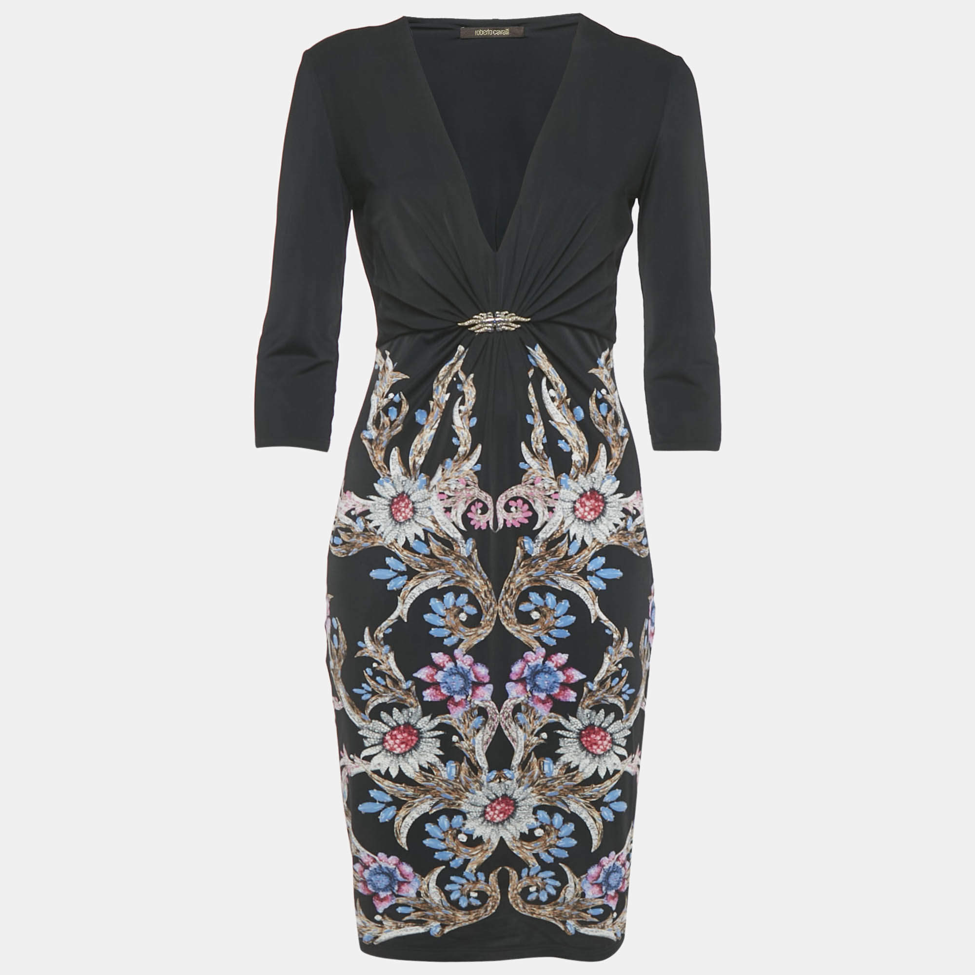 Pre Owned Roberto Cavalli Black Printed Jersey Short Dress M