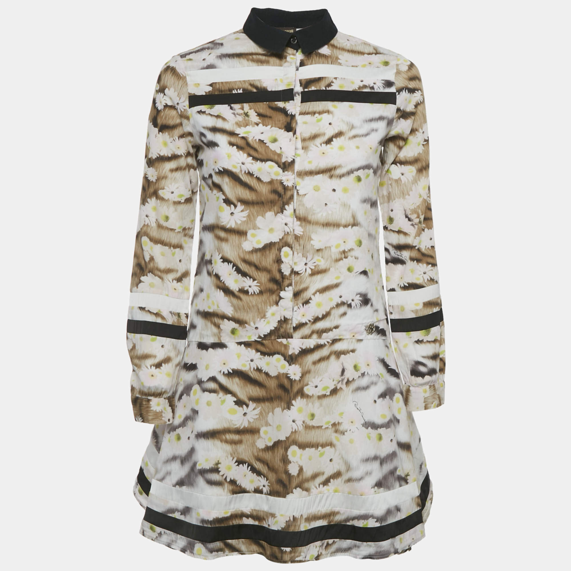 Pre Owned Roberto Cavalli Brown Floral Print Cotton Mini Dress XS