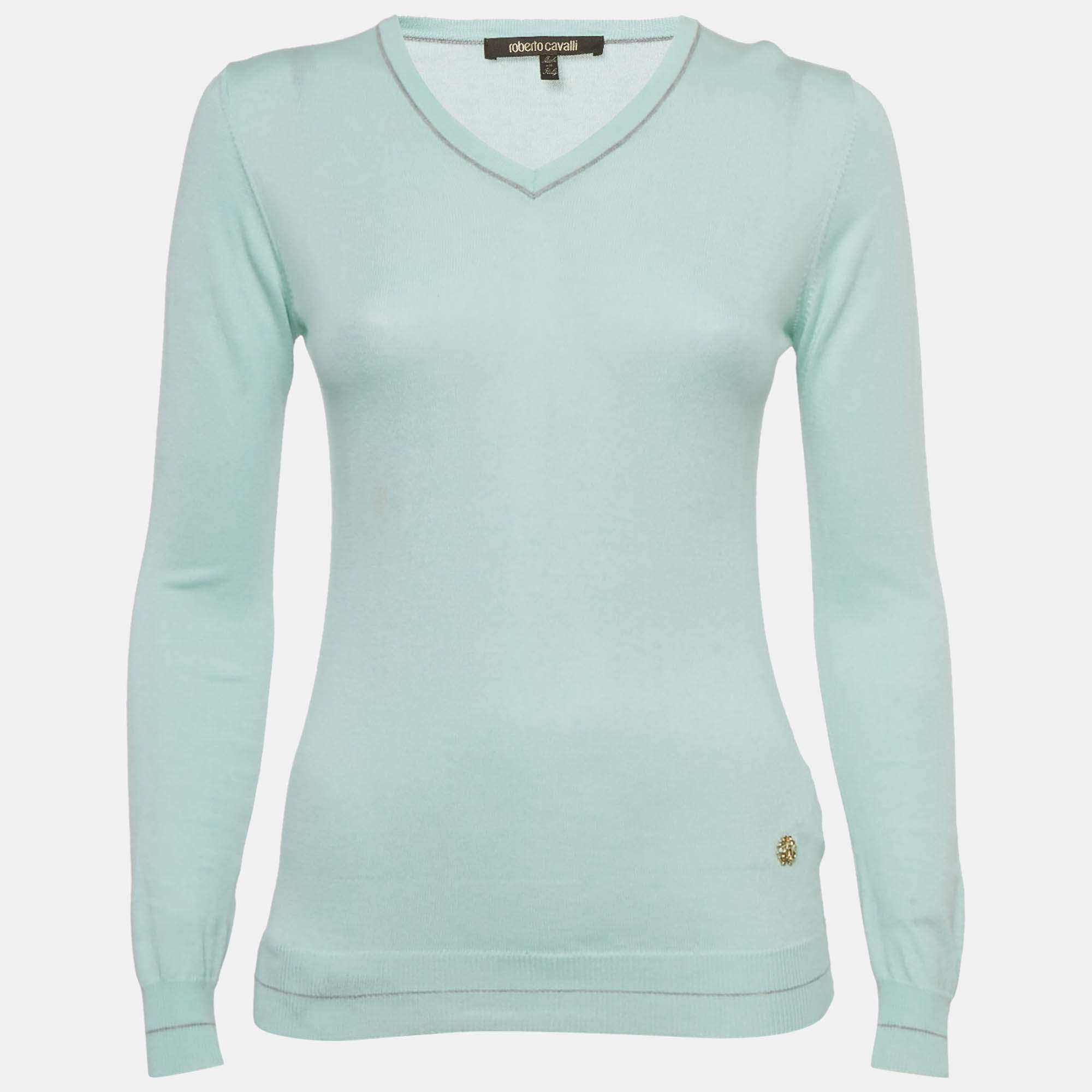 Pre Owned Roberto Cavalli Blue Cotton Knit V-Neck Sweater M