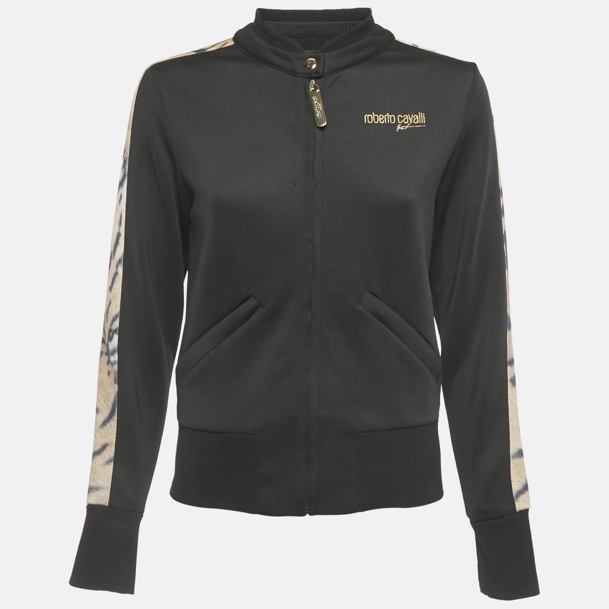 Pre Owned Roberto Cavalli Sport Black Animal Print Trim Crepe Zip Up Jacket S