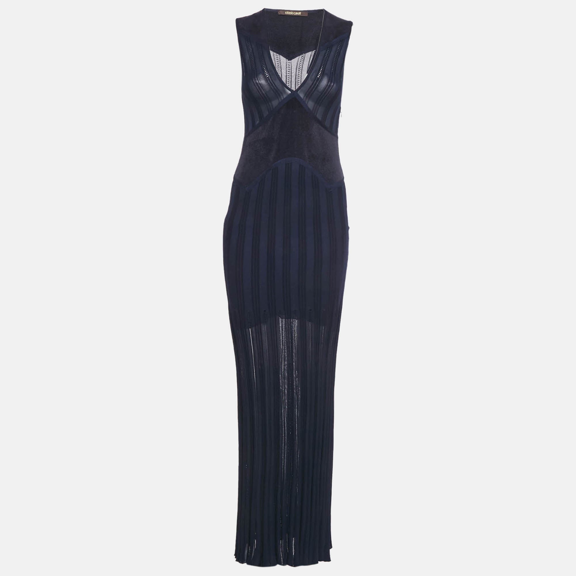 Pre Owned Roberto Cavalli Navy Blue Textured Knit Wool Trim Sleeveless Maxi Dress S
