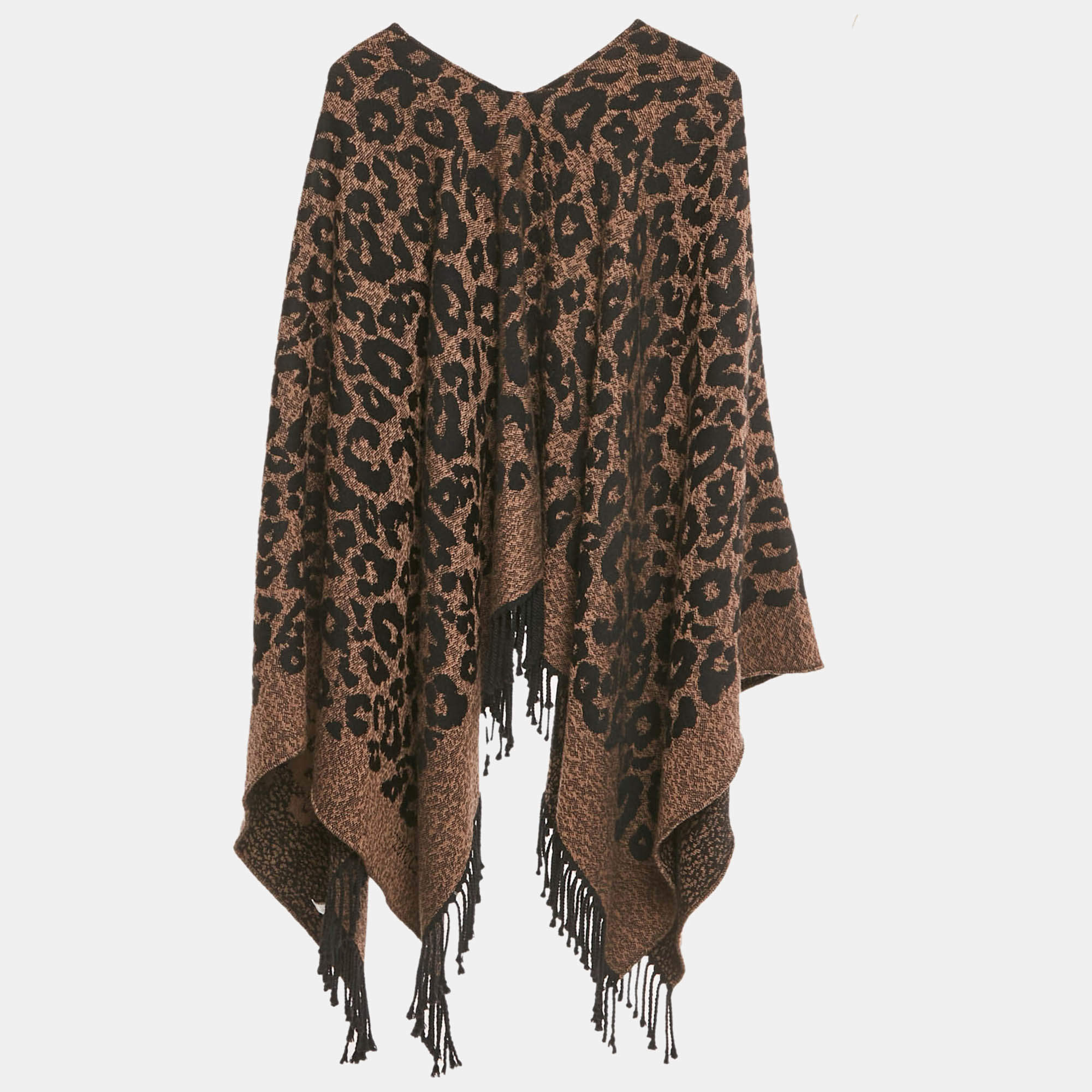 Pre Owned Roberto Cavalli Brown Jacquard Wool Fringed Poncho One Size  