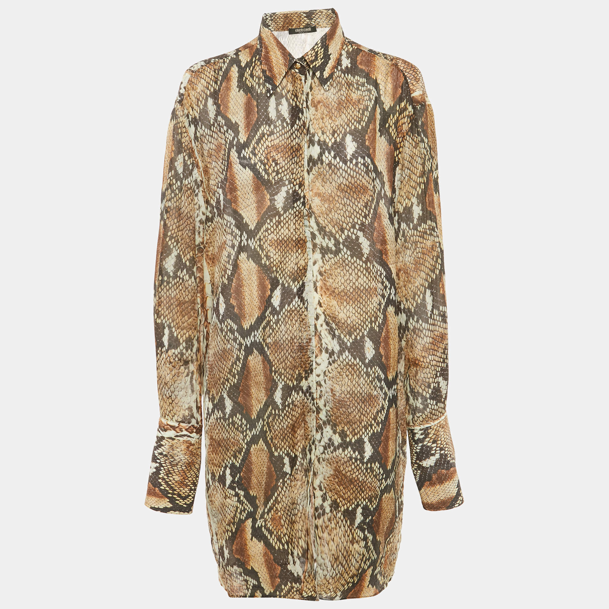 Pre Owned Roberto Cavalli Brown Python Print Cotton Blend Short Shirt Dress M
