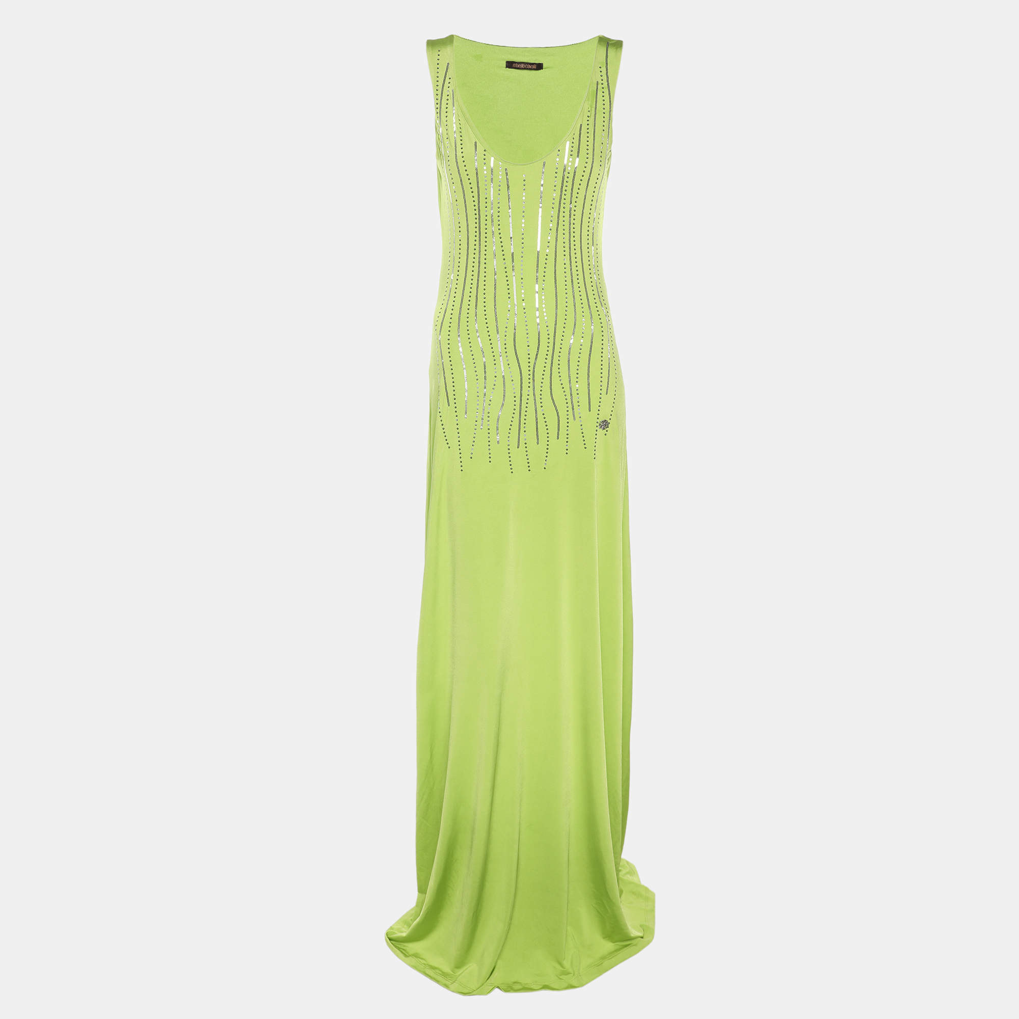 Pre Owned Roberto Cavalli Green Stretch Satin Sequin Embellished Long Dress M