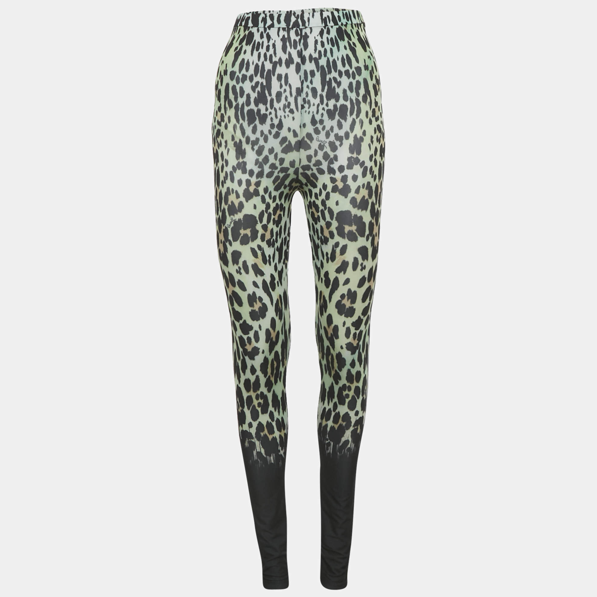 Pre Owned Roberto Cavalli Green Animal Print Jersey Leggings XS