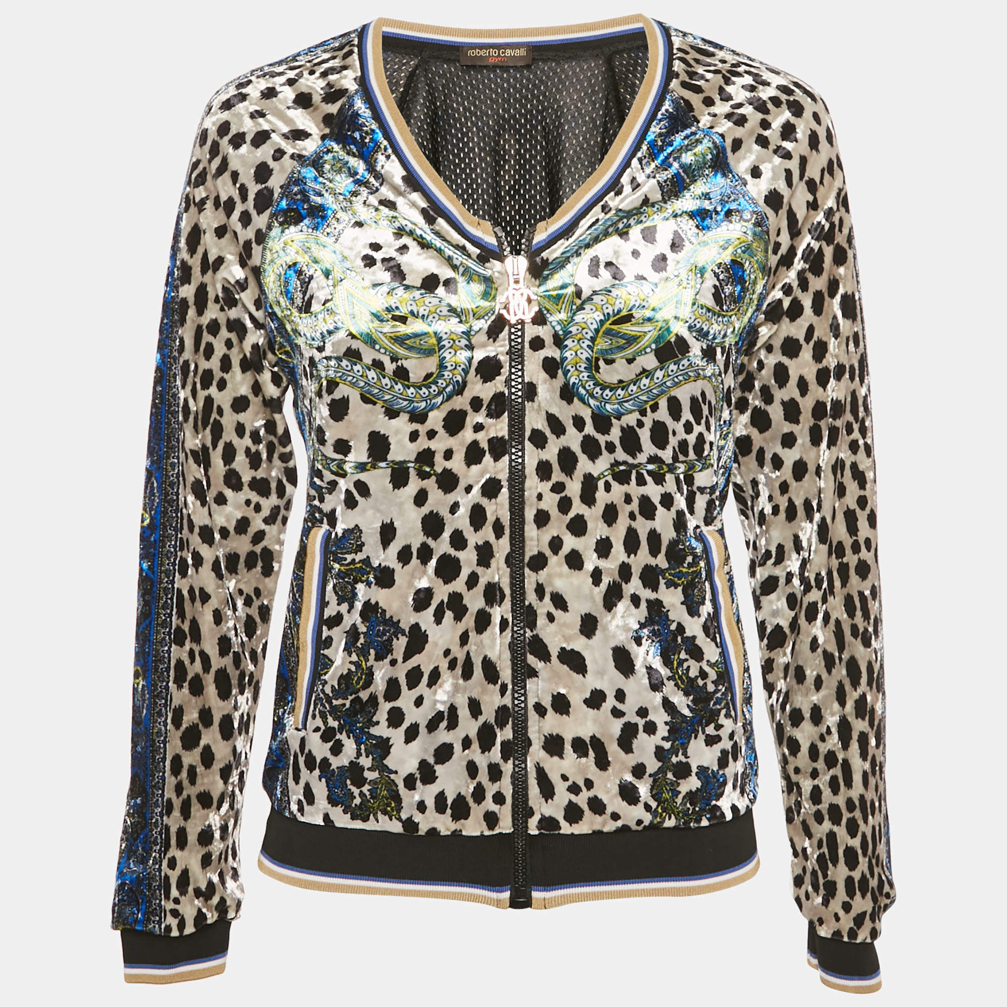 Pre Owned Roberto Cavalli Gym Multicolor Printed Velvet Zip -Up Jacket S 