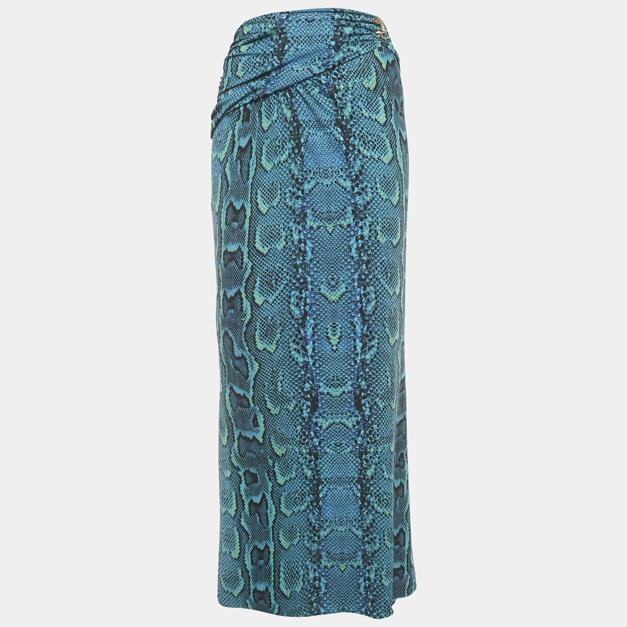 Pre Owned Roberto Cavalli Blue Snake Print Jersey Gathered Waist Maxi Skirt M