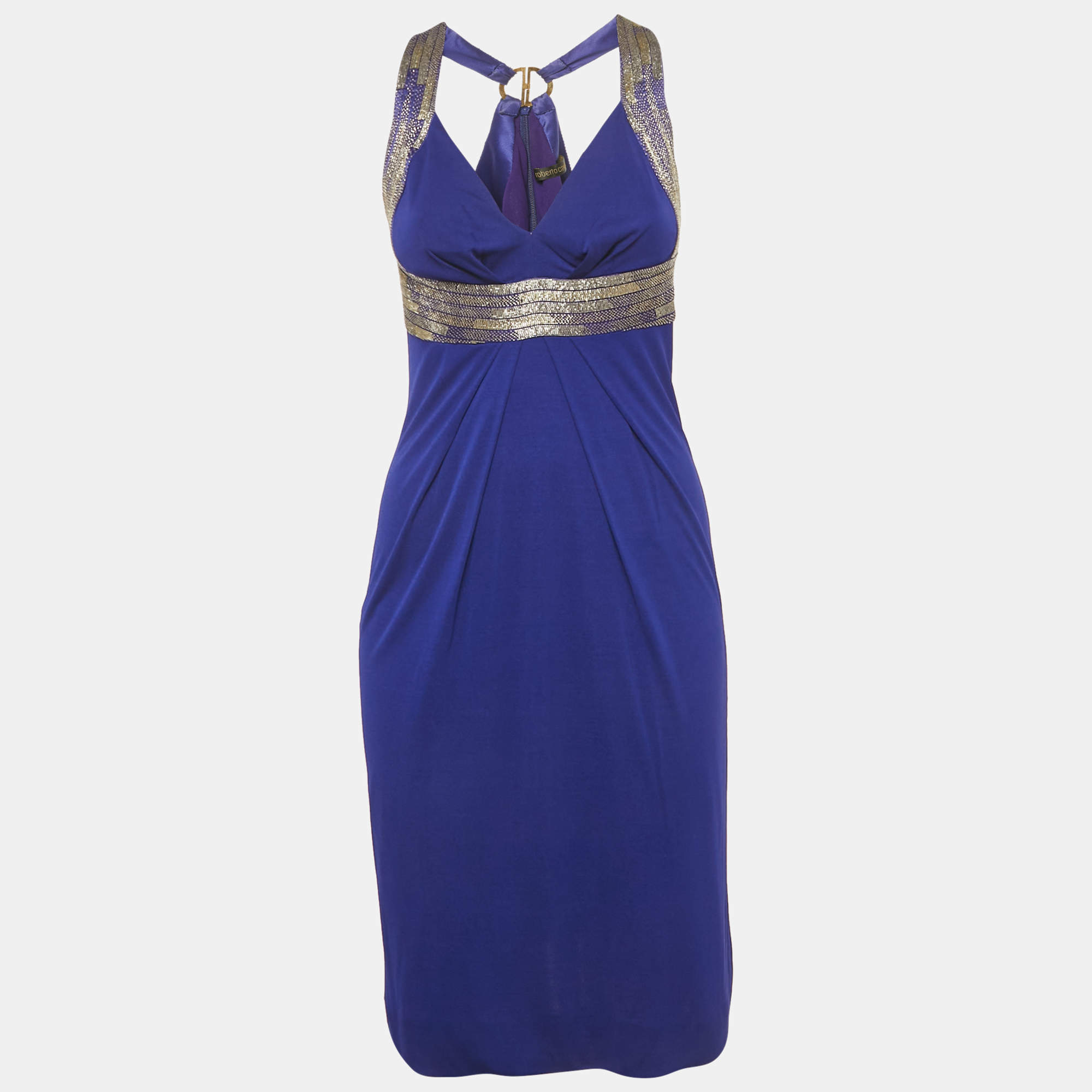 Pre Owned Roberto Cavalli Blue Beaded Jersey Short Dress S