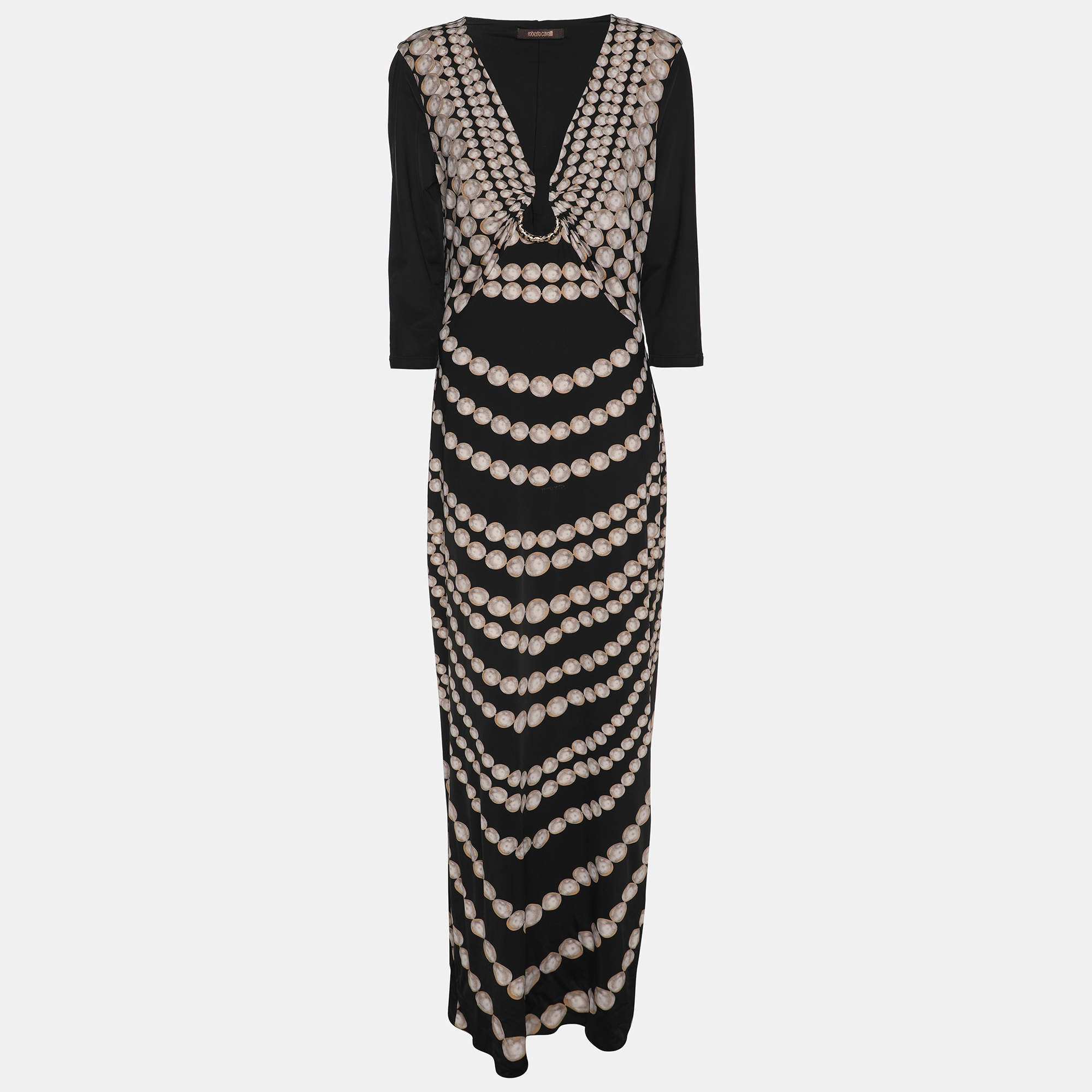Pre Owned Roberto Cavalli Black Pearl Print Stretch Satin Long Sleeve Maxi Dress L
