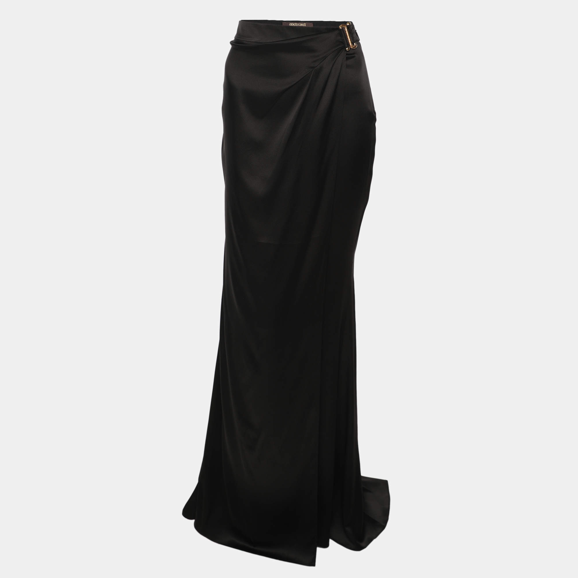 Pre Owned Roberto Cavalli Black Stretch Silk Maxi Skirt M