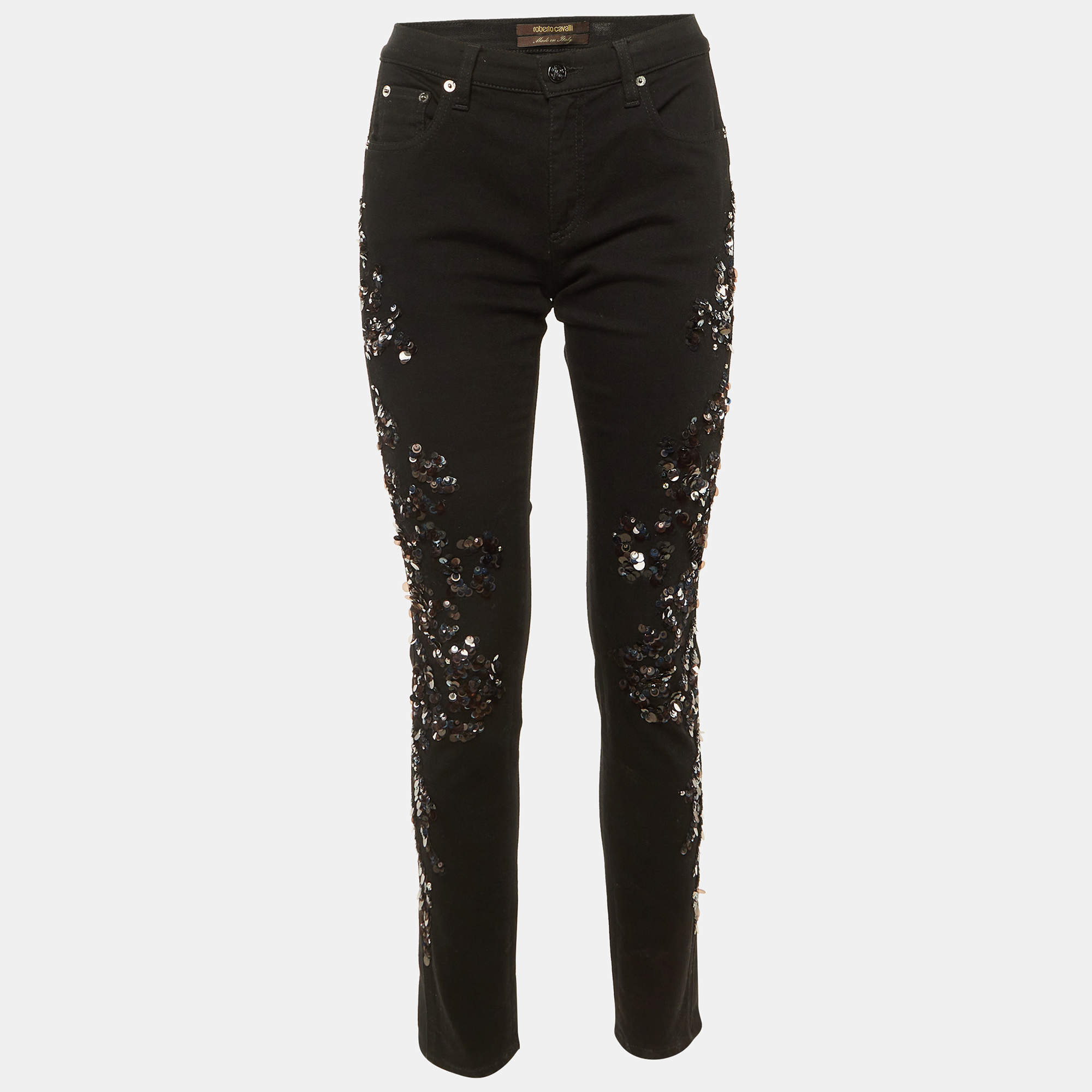 مملوكة مسبقًا Roberto Cavalli Black Denim Sequin Embellished Skinny Jeans M/Waist 30"