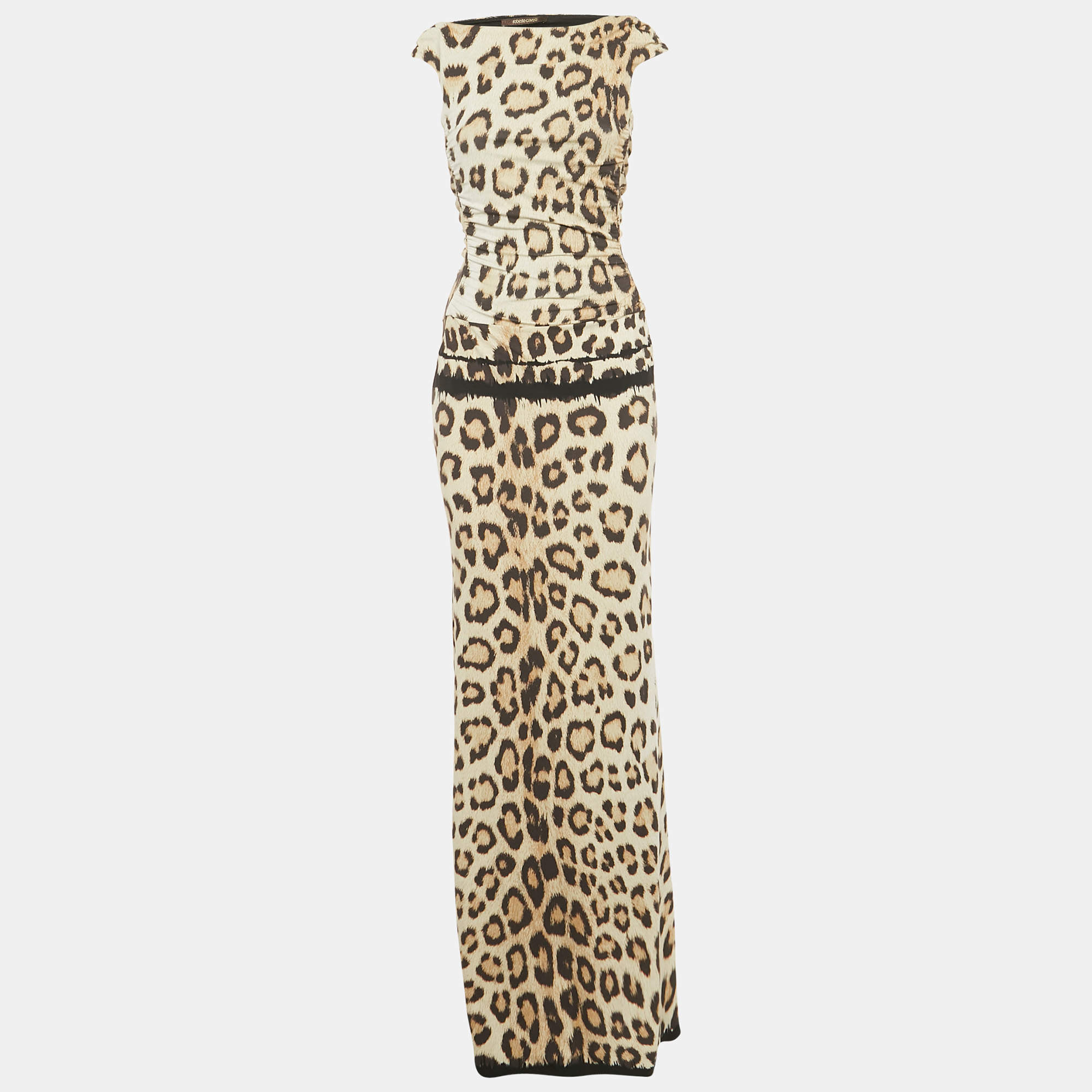 مملوكة مسبقًا Roberto Cavalli Beige Animal Printed Jersey Cutout Back Detail Long Dress M