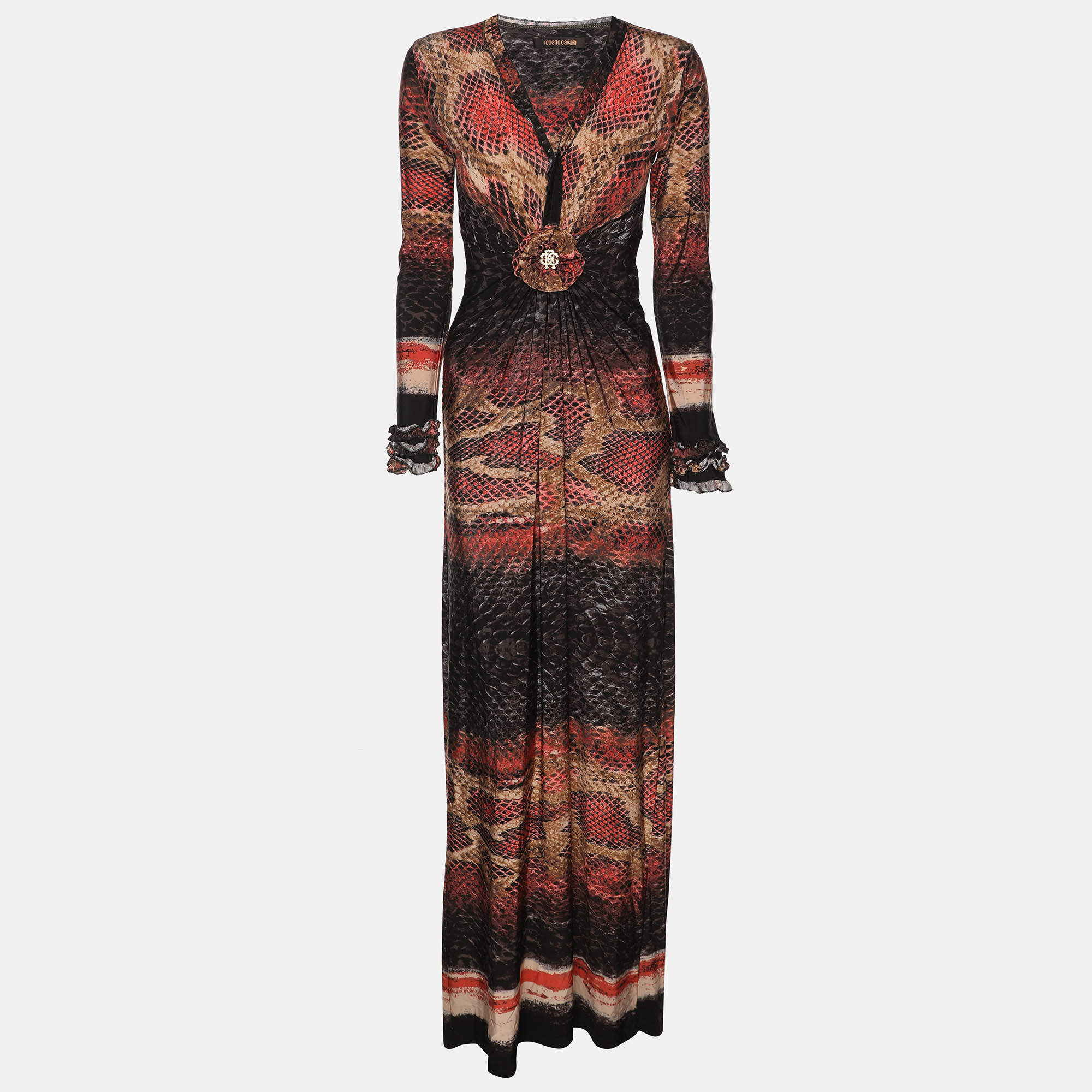 Pre Owned Roberto Cavalli Multicolor Snake Print Stretch Fabric Long Sleeve Maxi Dress S