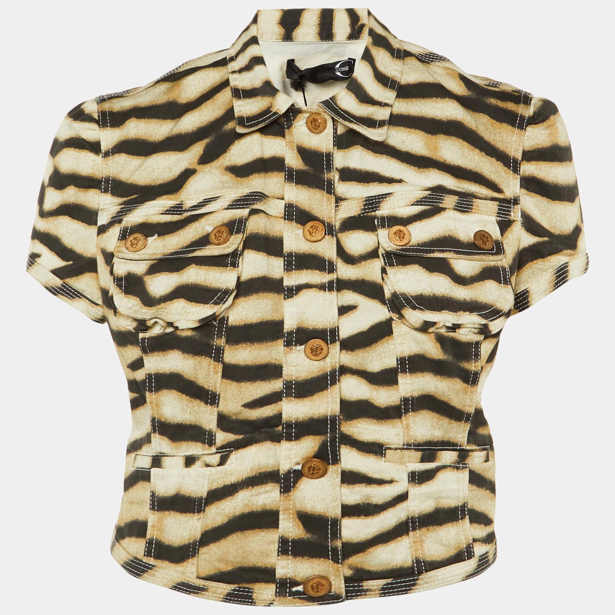 Pre Owned Roberto Cavalli Beige Animal Printed Stretch Cotton Crop Jacket M