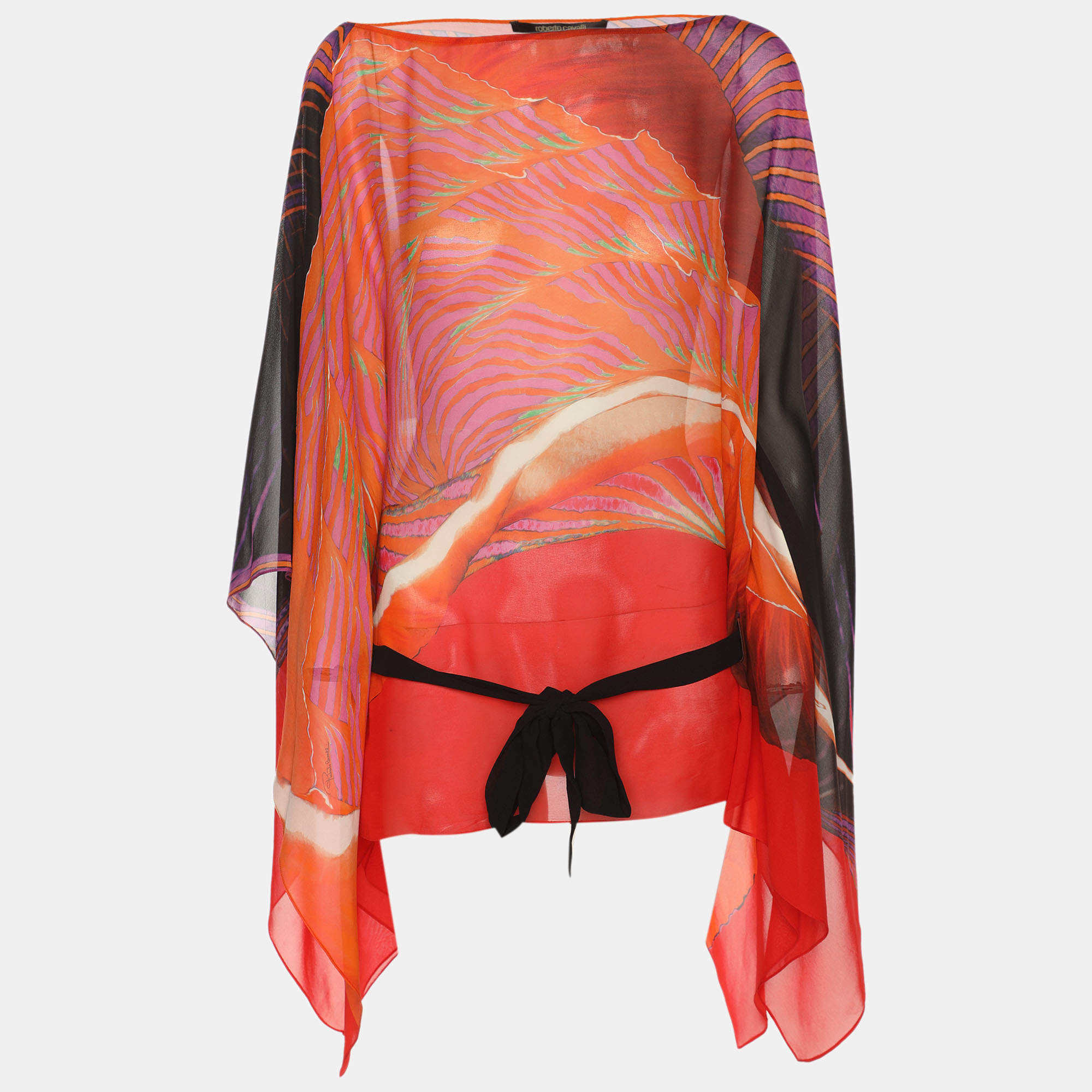 Pre Owned Roberto Cavalli Multicolor Printed Silk Chiffon Waist Tie Detail Kaftan Top S 