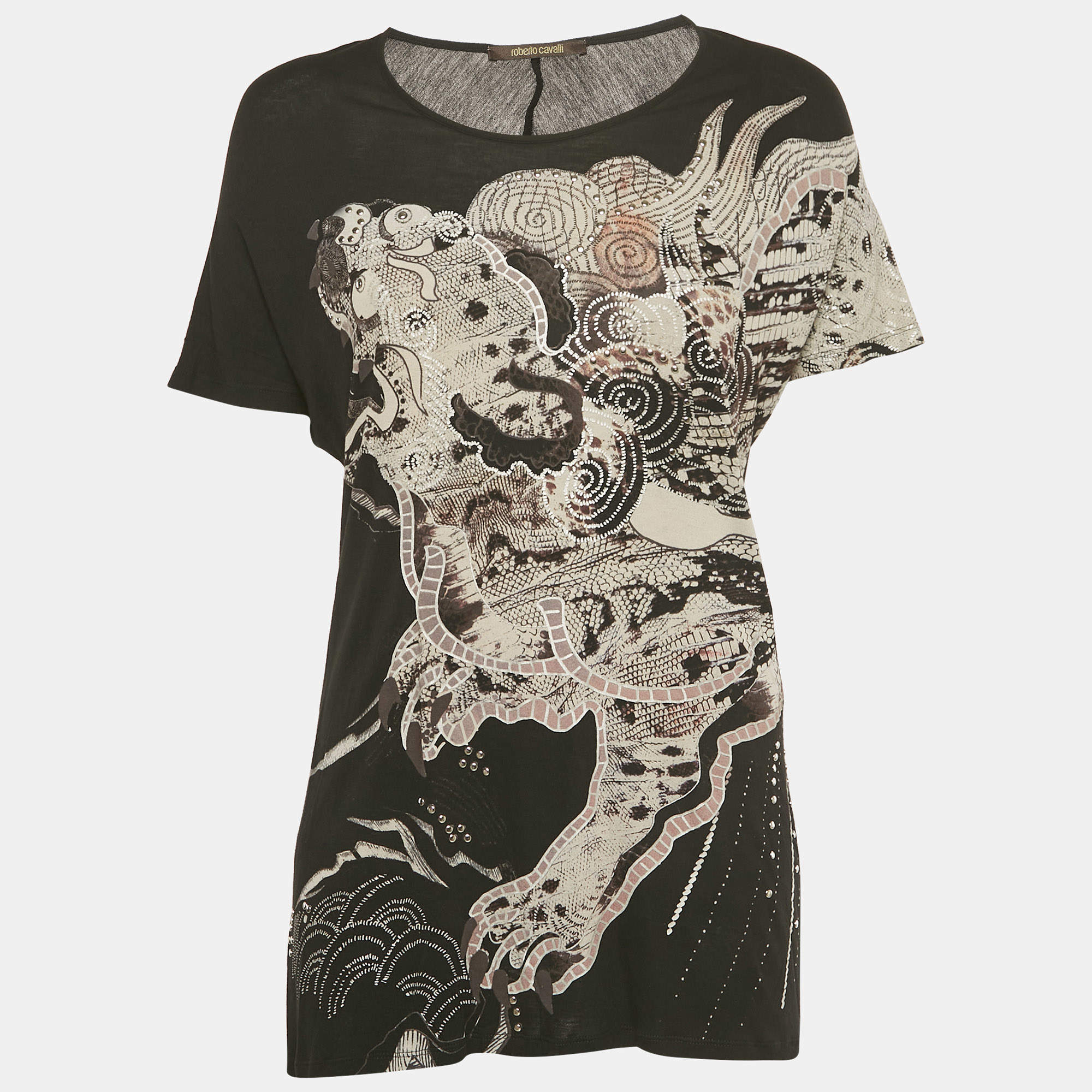 Pre Owned Roberto Cavalli Black Printed Stud Detail Jersey T-Shirt M