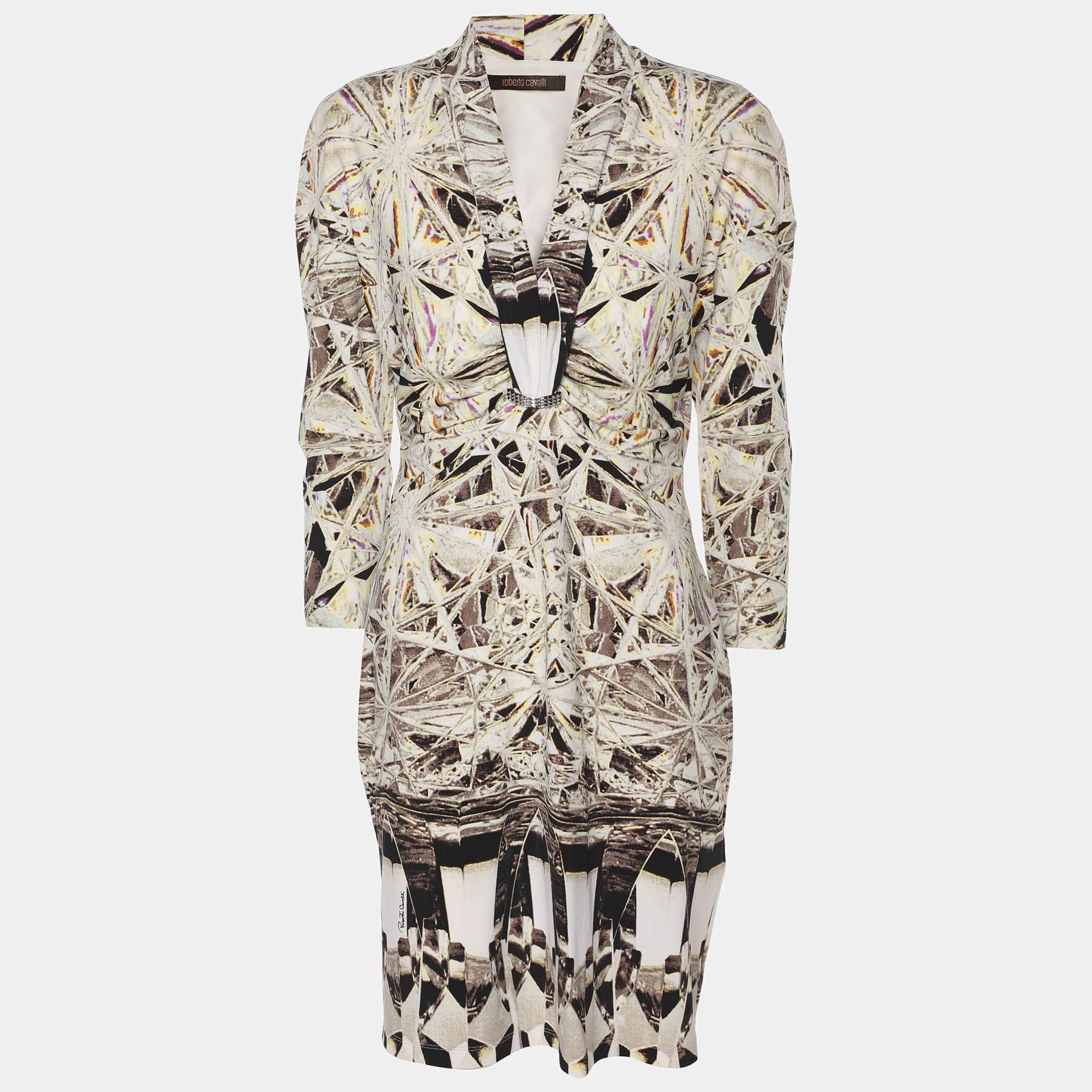 Pre Owned Roberto Cavalli Multicolor Printed Stretch Satin Mini Dress M