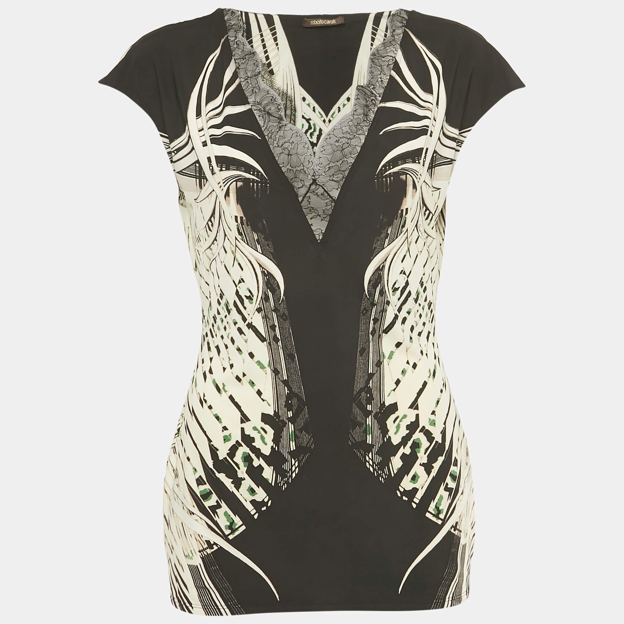 Pre Owned Roberto Cavalli Black /White Printed Lace Detail Jersey Top L