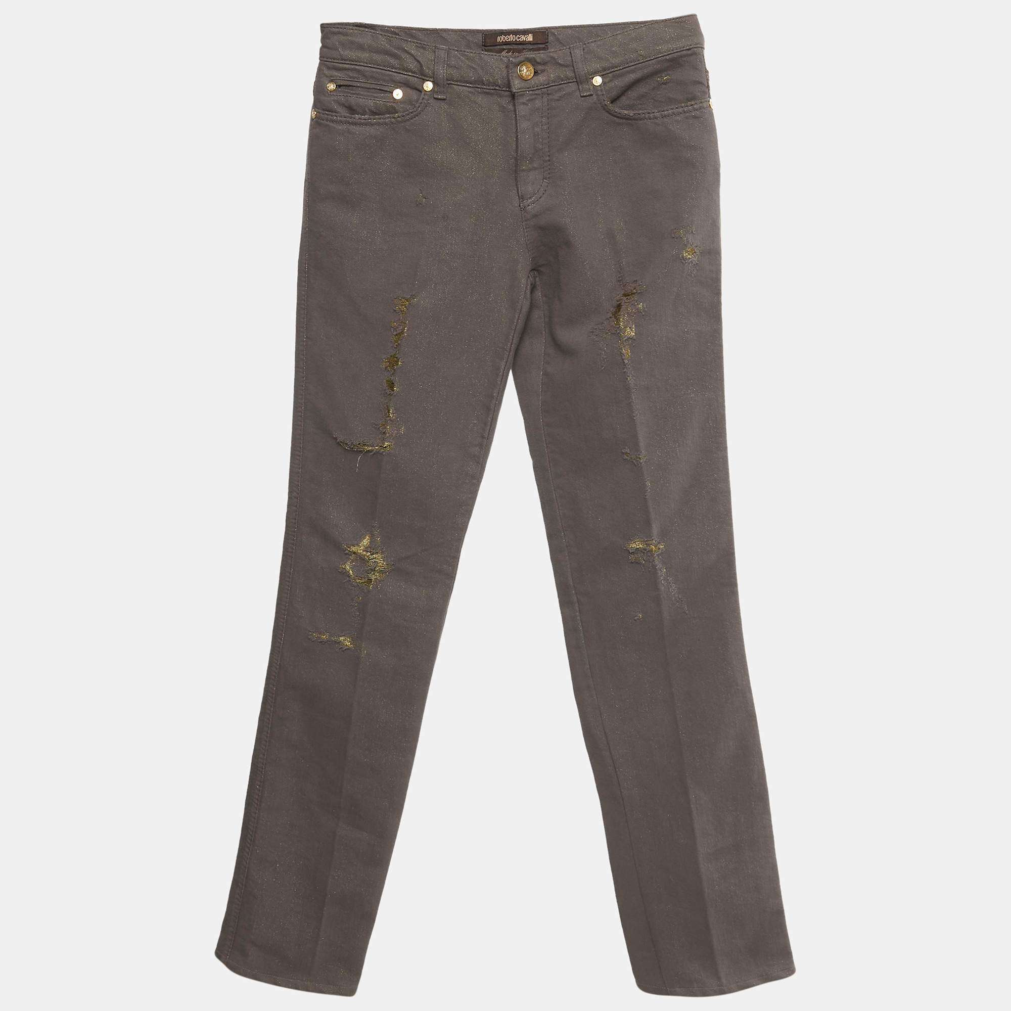 Pre Owned Roberto Cavalli Brown & Gold Denim Distressed Straight Leg Jeans S Waist 27"