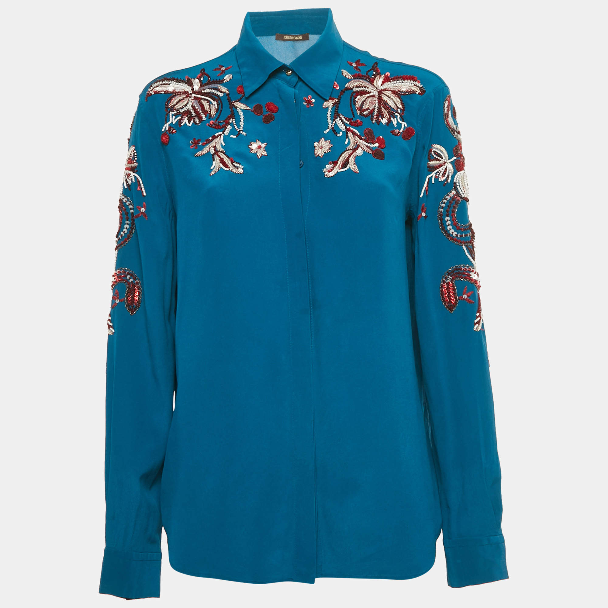 Pre Owned Roberto Cavalli Blue Sequin Embroidered Silk Shirt M