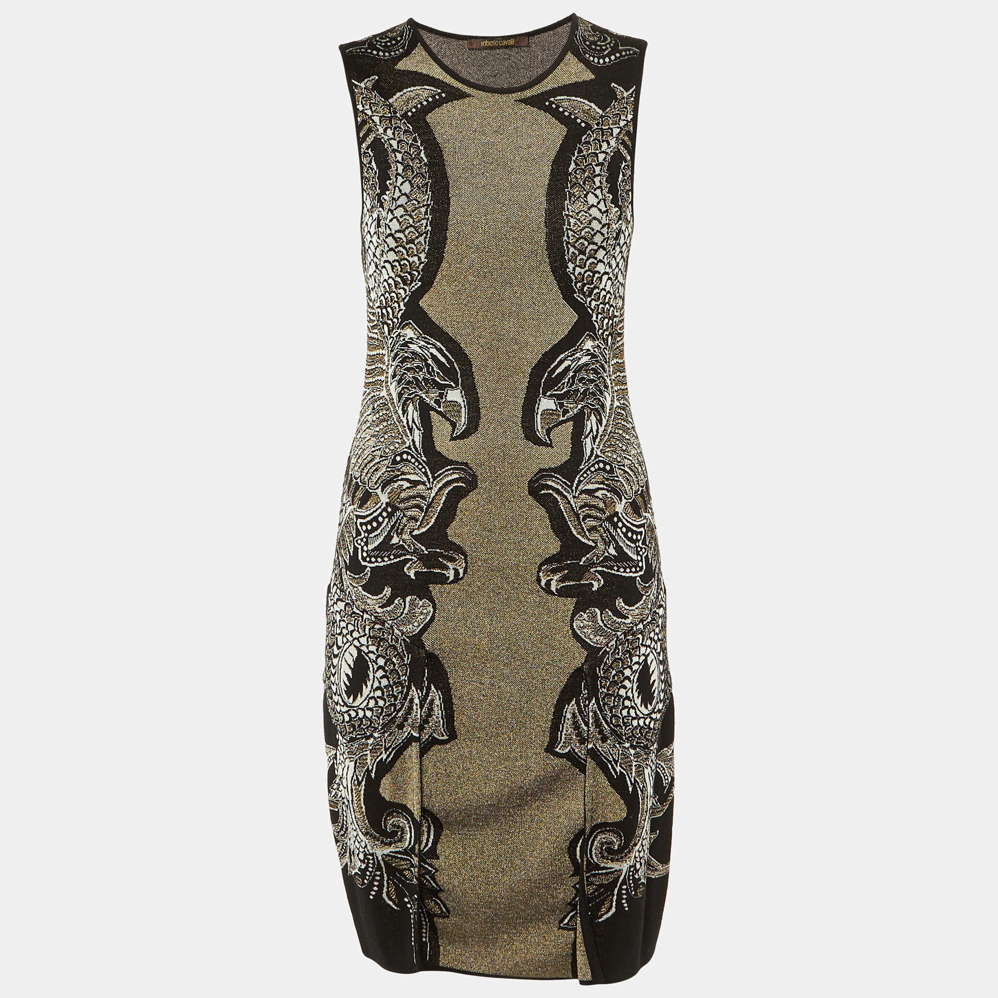 Pre Owned Roberto Cavalli Black Eagle Patterned Lurex Knit Short Dress S  