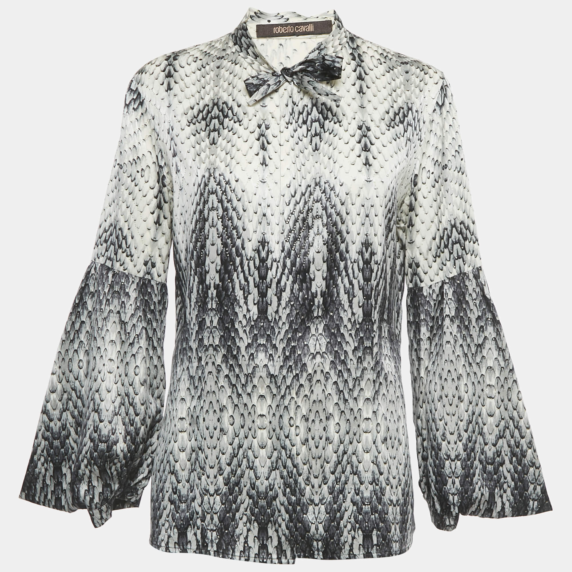 Pre Owned Roberto Cavalli White /Black Printed Neck Tie Detail Shirt L