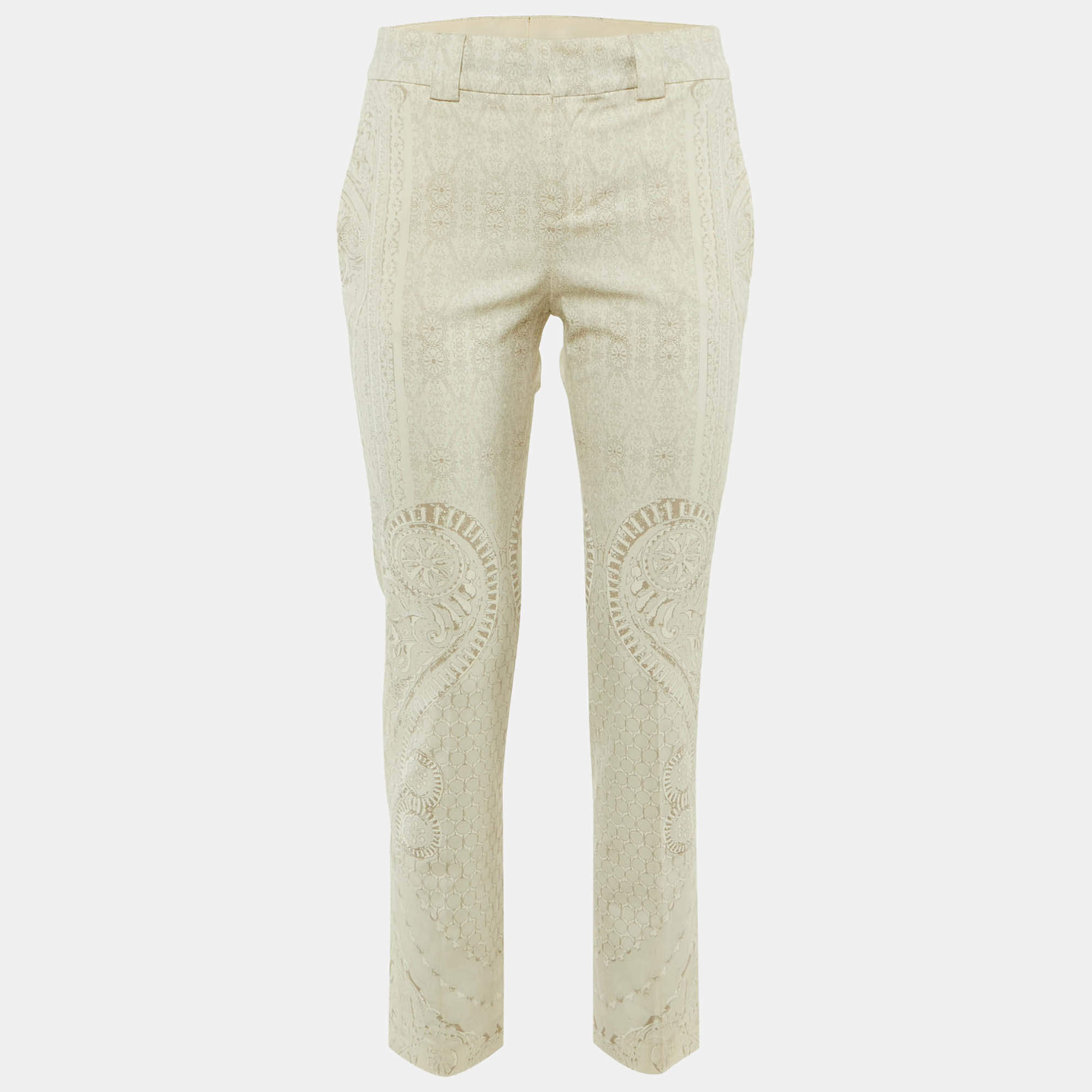Pre Owned Roberto Cavalli Ivory/Grey Paisley Print Cotton Trousers S