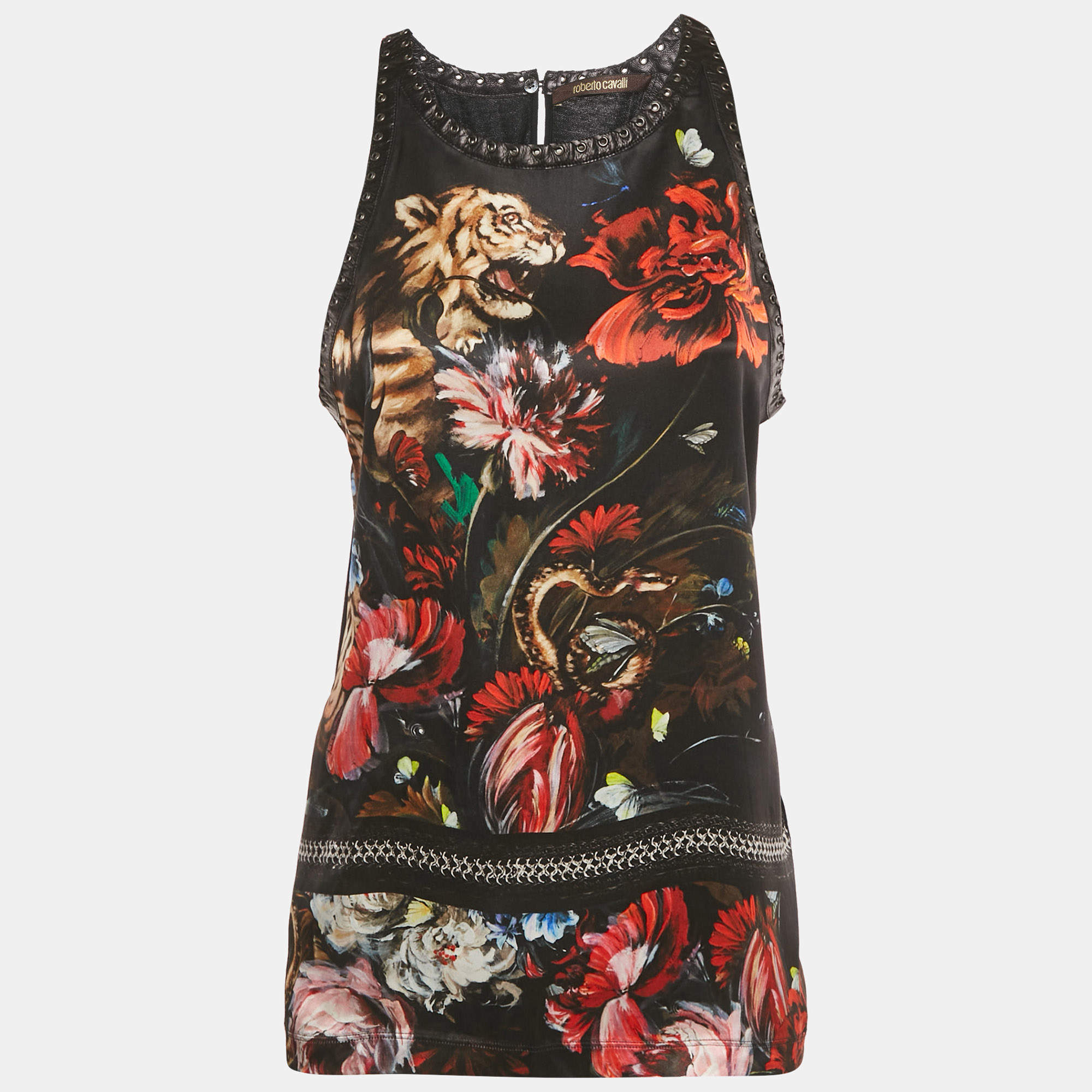 Pre Owned Roberto Cavalli Black Floral Print Silk Lace-up Leather Tank Top M