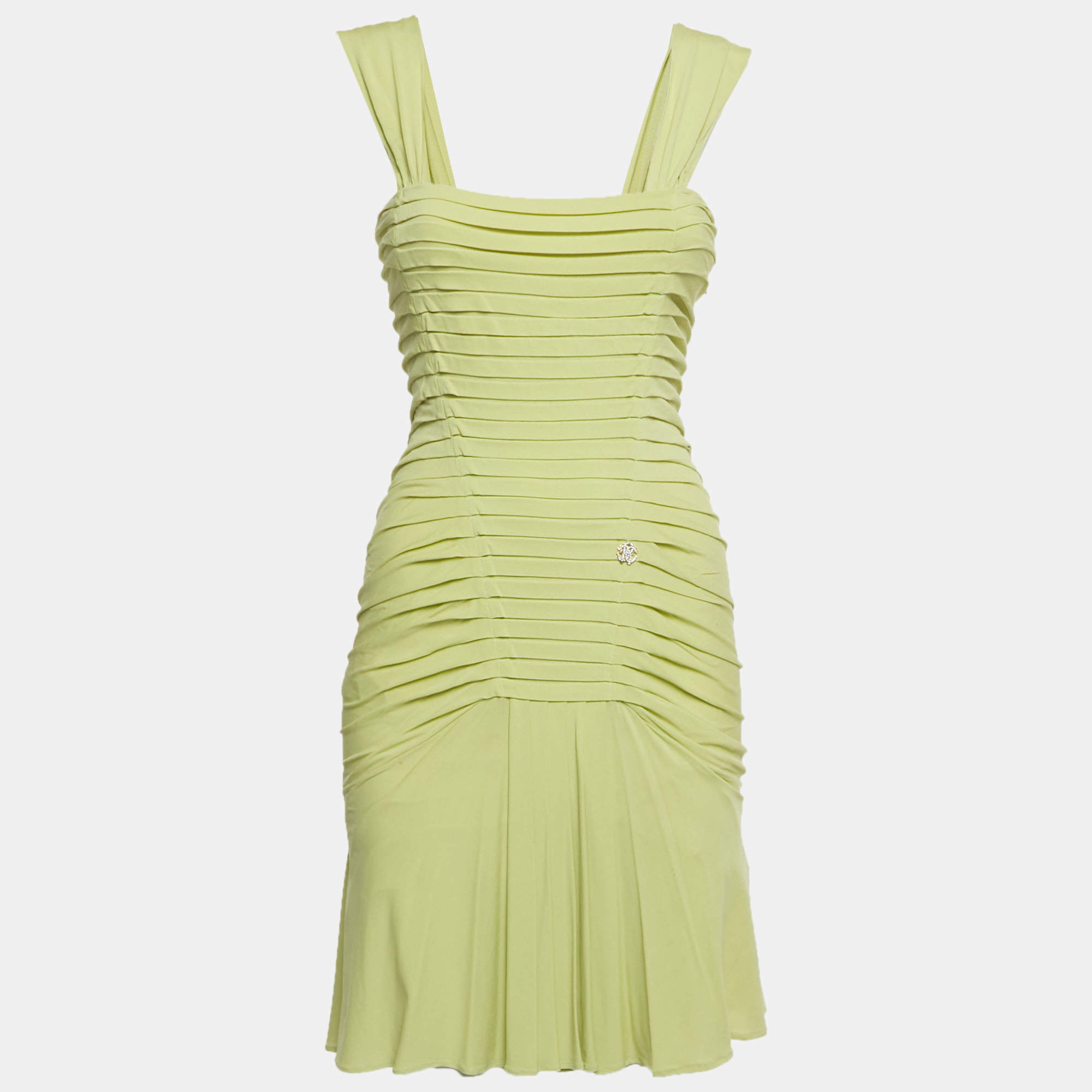 Pre Owned Roberto Cavalli Lime Green Crepe Ruched Mini Dress S