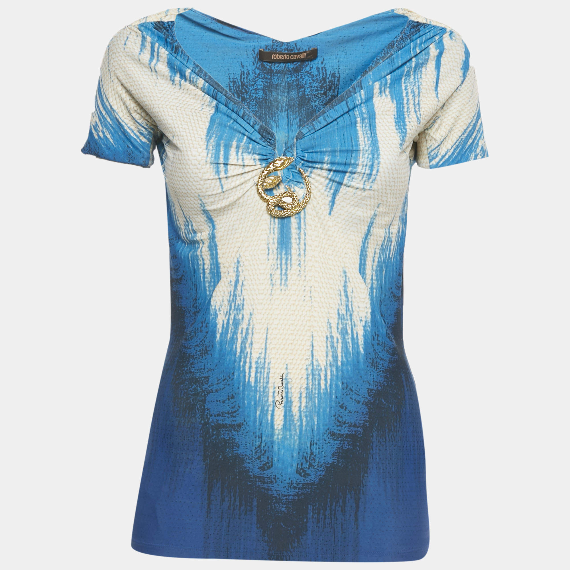 Pre Owned Roberto Cavalli Blue /Ivory Printed Jersey Snake Brooch Detail Top M