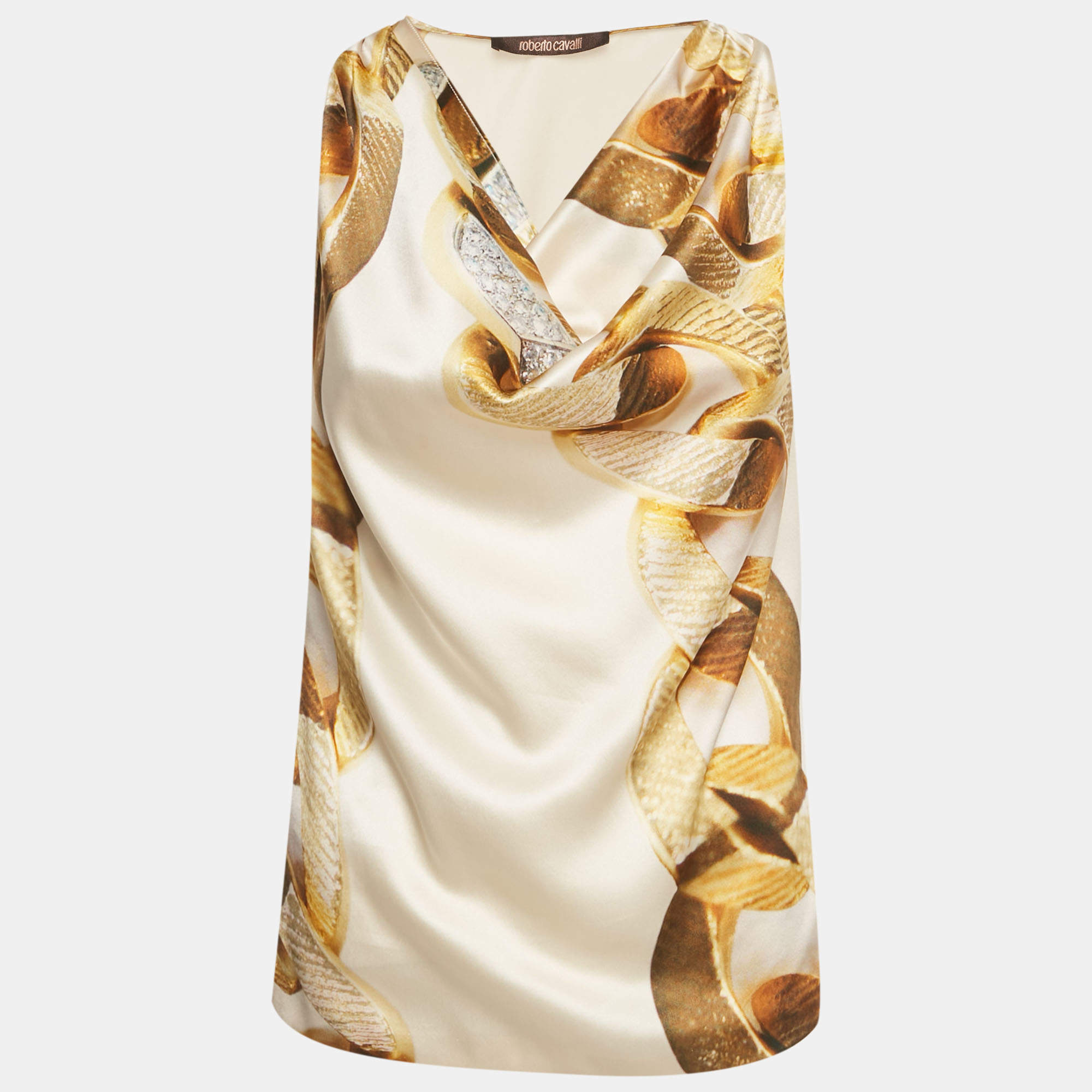Pre Owned Roberto Cavalli Beige Printed Silk Cowl Neck Sleeveless Blouse S 