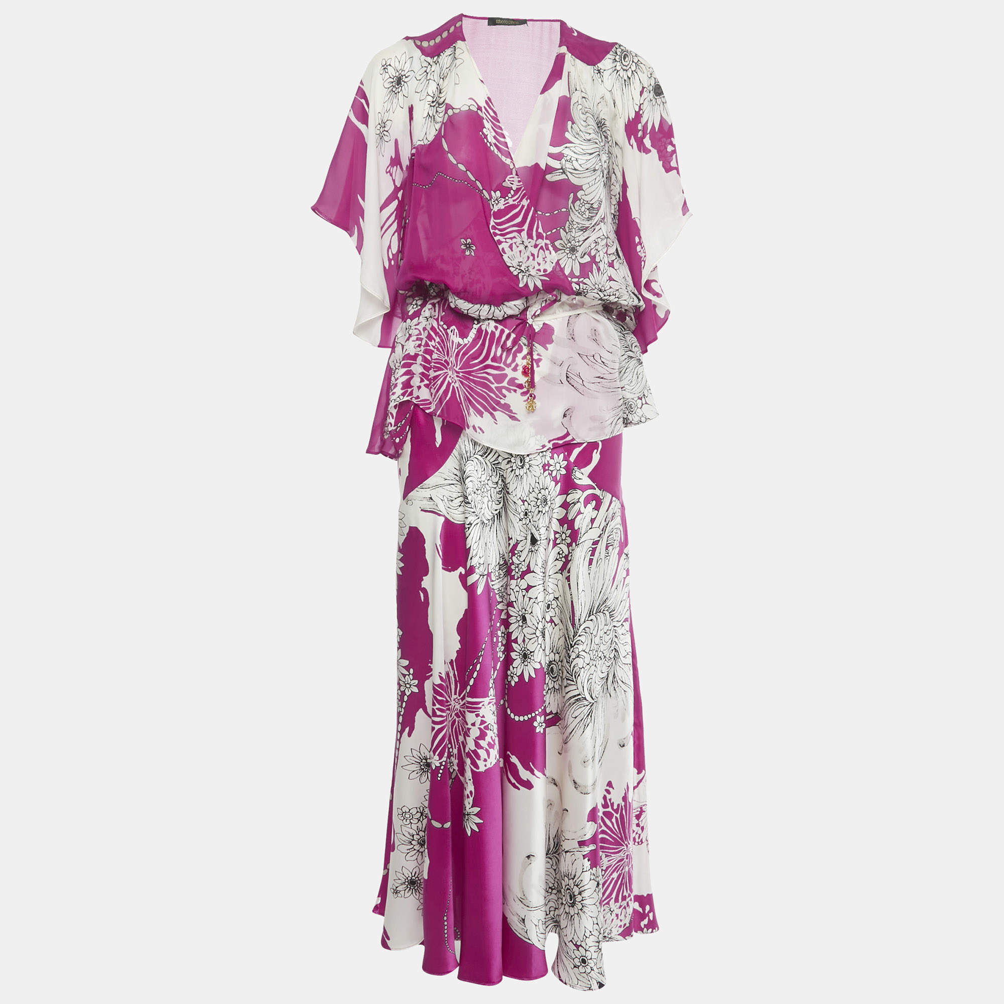 Pre Owned Roberto Cavalli Pink Floral Print Silk Top &Skirt Set M/L